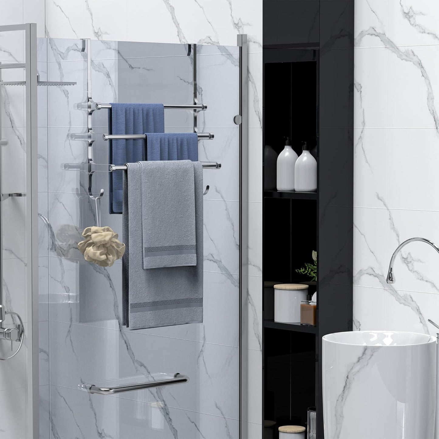 Over The Door Towel Rack, Triple Towel Storage Holder with Hooks, 24.02 Inches Towel Bar Hanger Towel Racks for Bathroom (Silver)