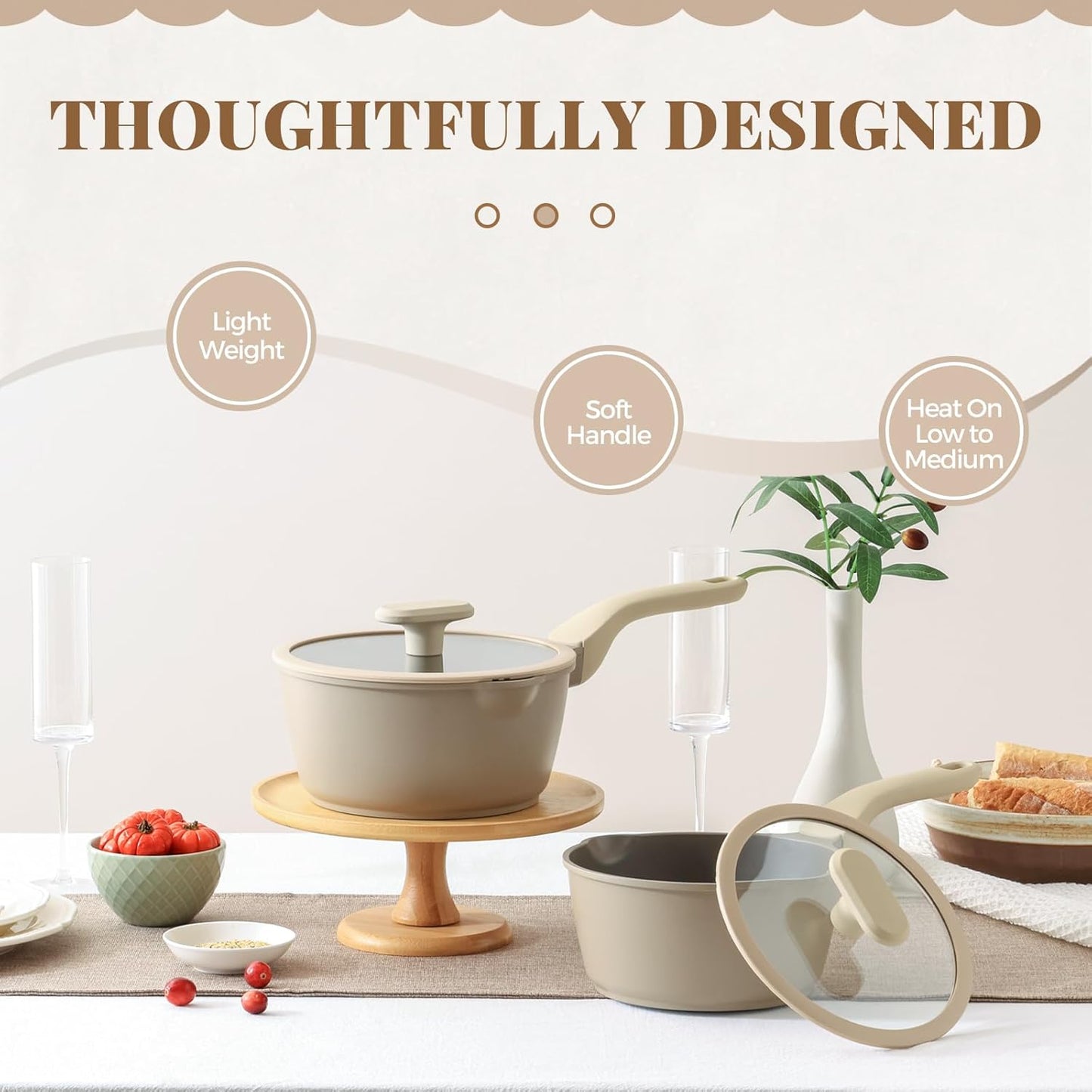 Nonstick Saucepan Set with Lids, 2QT and 2.7QT Sauce Pan Set, Non Toxic Sauce Pots with Pour Spouts for Multipurpose Use, PFOA Free, Induction Compatible Apricot