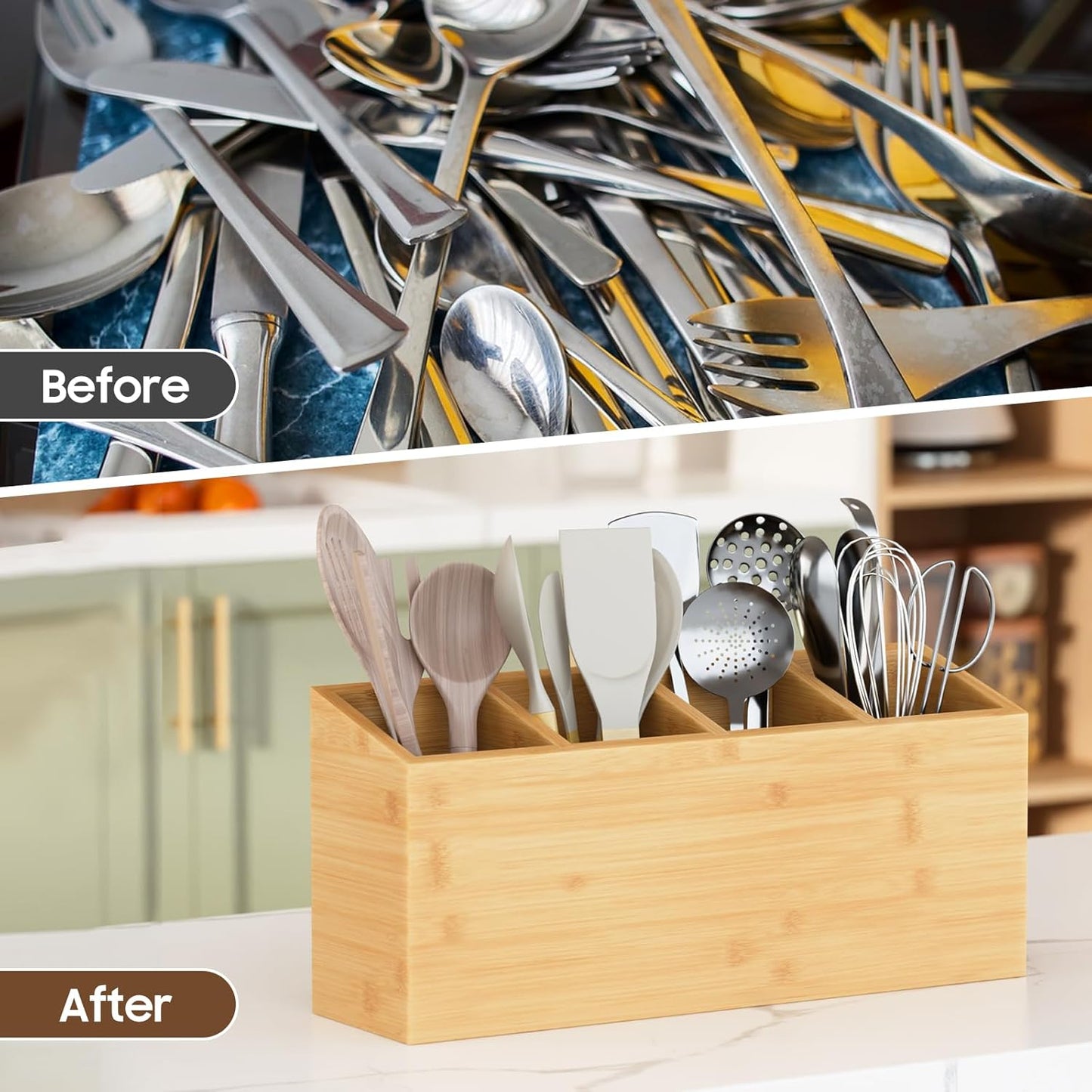 Wingsife Utensils Holder with 4 Compartments, Bamboo Utensil Organizer for Kitchen Countertop, Silverware Caddy Cutlery Holder for Flatware Fork Spoon Spatula, Cooking Utensil (Classic)