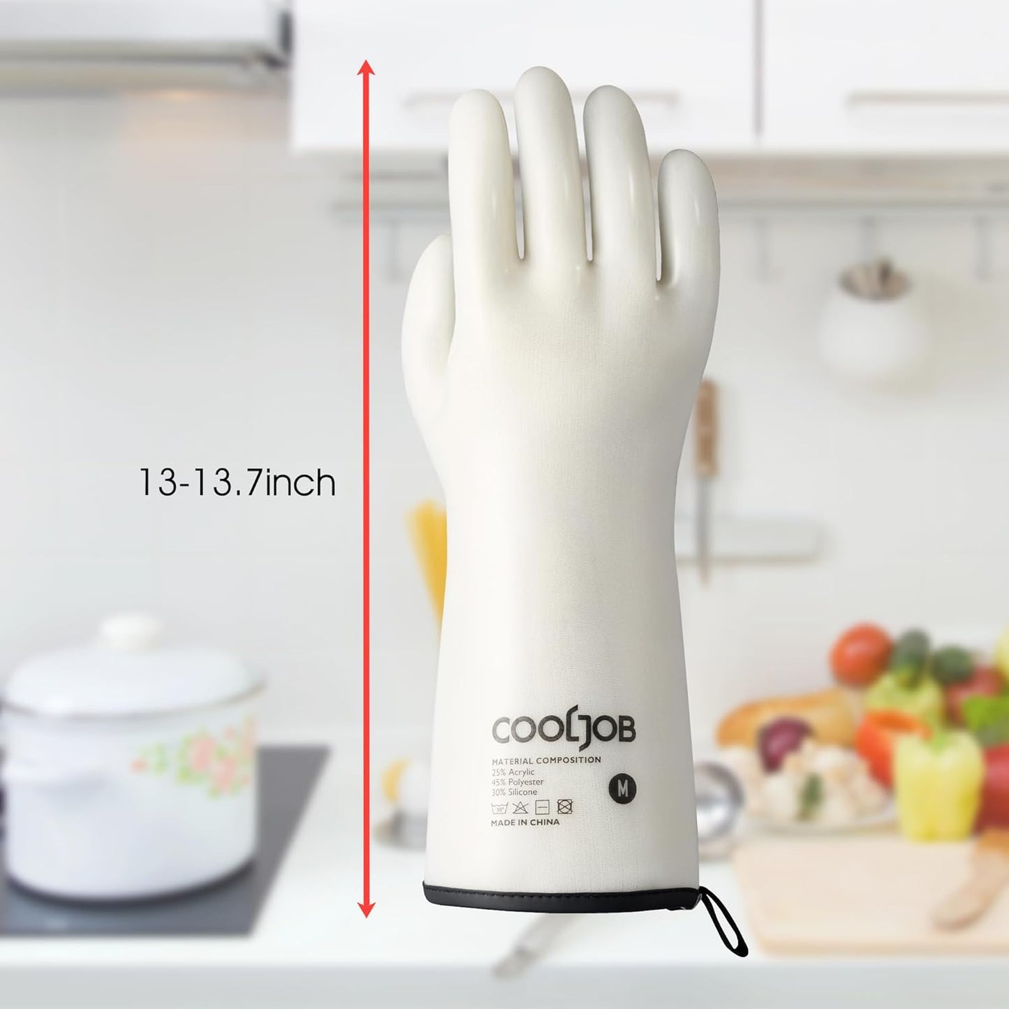 COOLJOB Heat Resistant Oven Gloves, Waterproof Liquid Silicone BBQ Grilling Gloves for Barbecue, Kitchen Cleaning, Baking, Food Contact, White, Medium