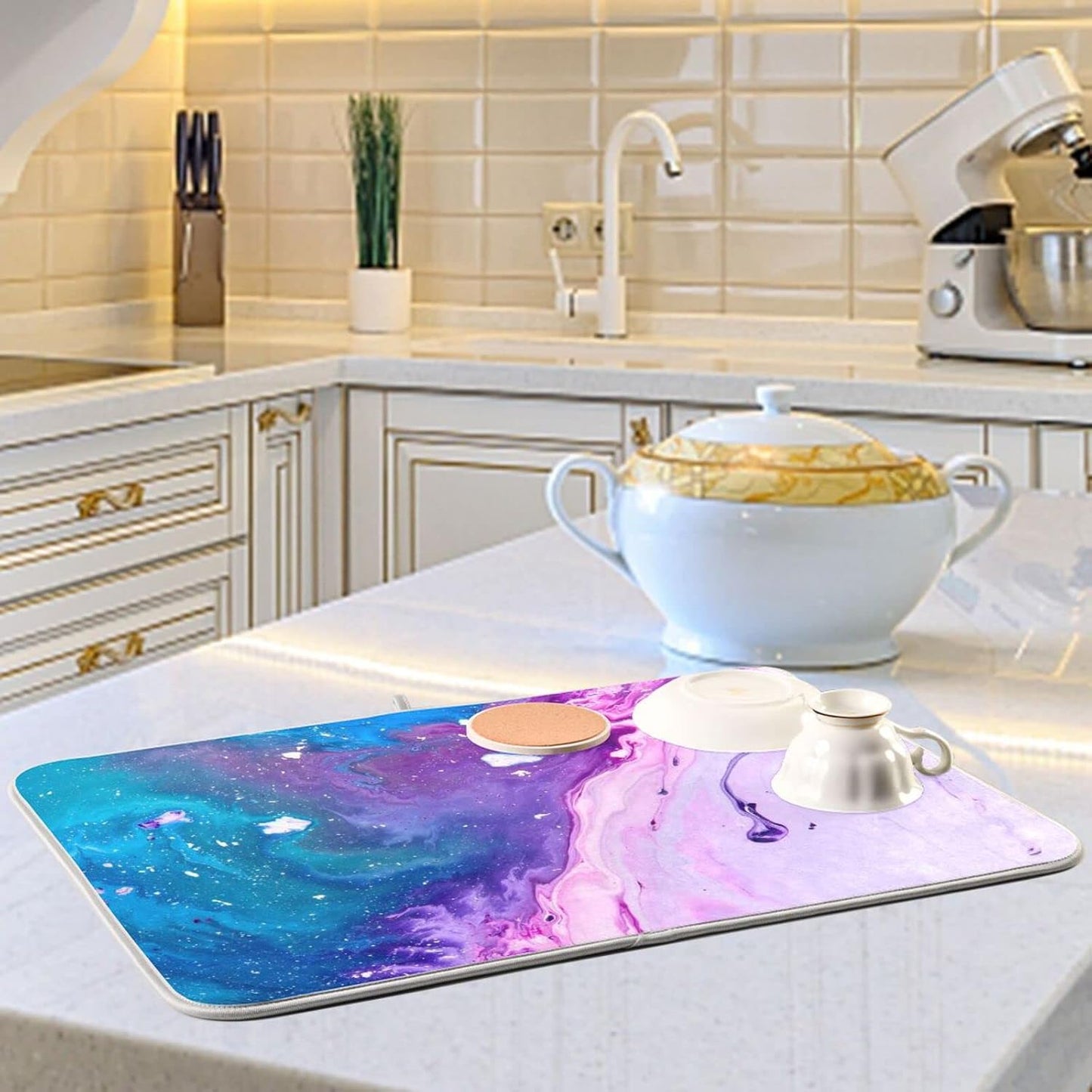 Super Absorbent Dish Drying Mat, Microfiber Fast-Drying Dish Mat, 16" x 18", Kitchen Dish Drying Pad, Abstract Purple Blue Marble