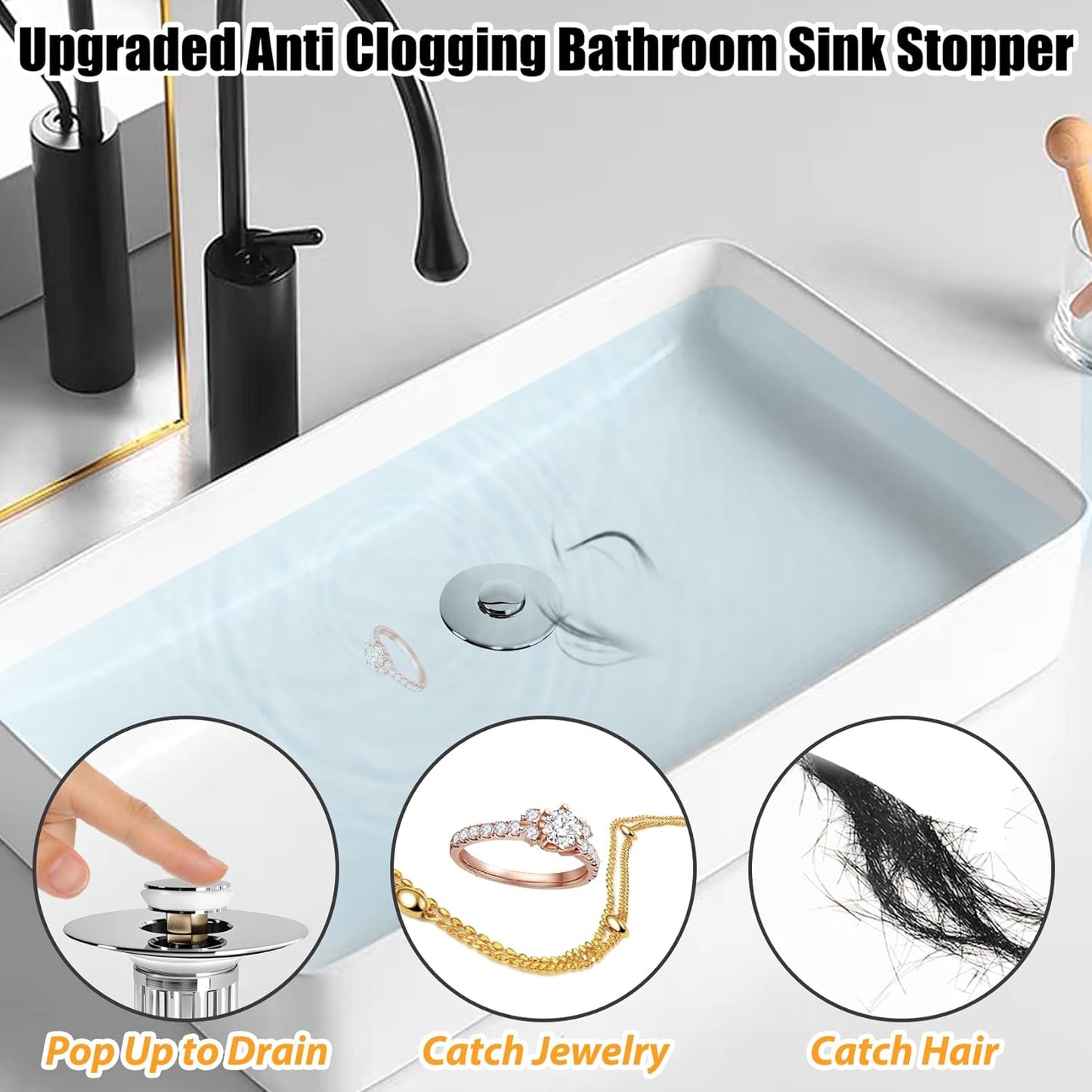 Bathroom Sink Drain Strainer, 2PCS 3 in 1 Pop Up Bathroom Sink Stopper with Removable Brass Basket Hair Catcher, Universal Sink Plug for 1.06 to 1.6in Drain Hole, Chrome Silver