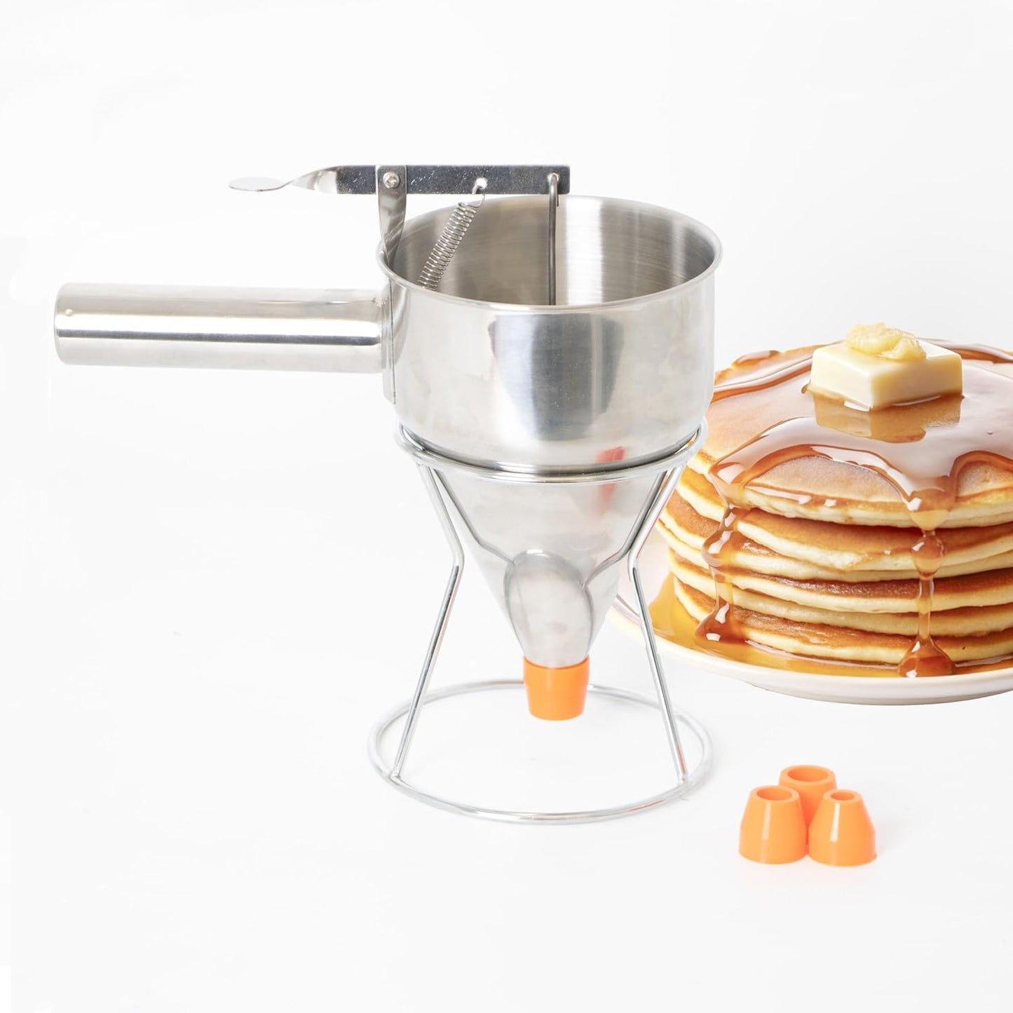 Lehman's Stainless Steel Batter Dispenser with Stand, Effortless Pancake, Waffle, and Crepe Batter Dispensing