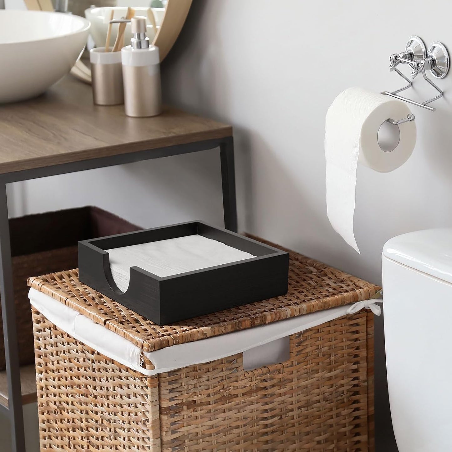 Napkin Holder for Table, Wooden Napkins Holders For Paper Napkins, Flat Napkin Holder for Luncheon, Napkin Holders for Kitchen Dinner Table Decor, Napkin Dispenser for Indoor & Outdoor Use, Black