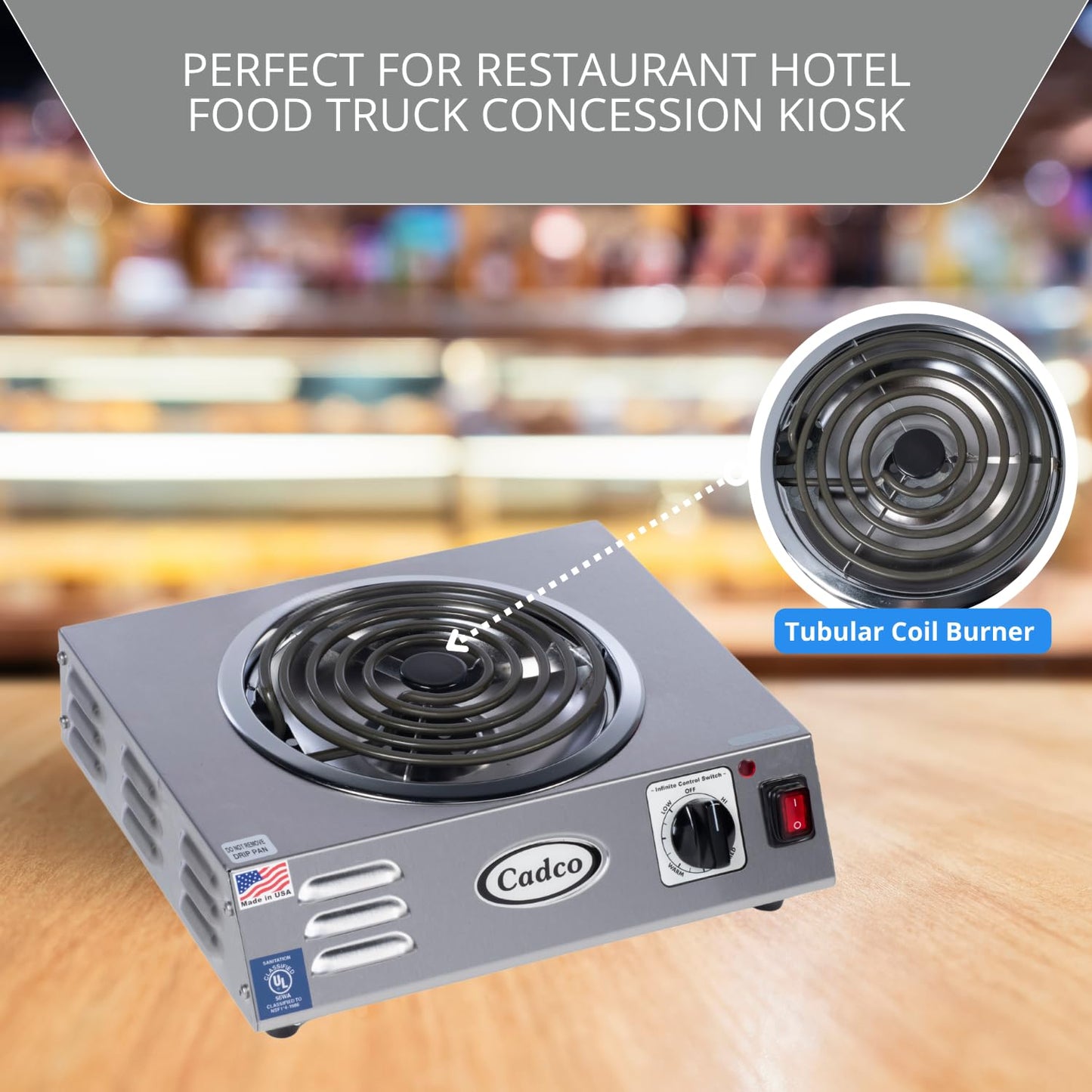 Cadco CSR-3T(220) 14" Electric Portable Countertop Hi-Power Hot Plate w/One Tubular Burner for Restaurant Hotel Food Truck Concession Kiosk, Stainless Steel, 220v