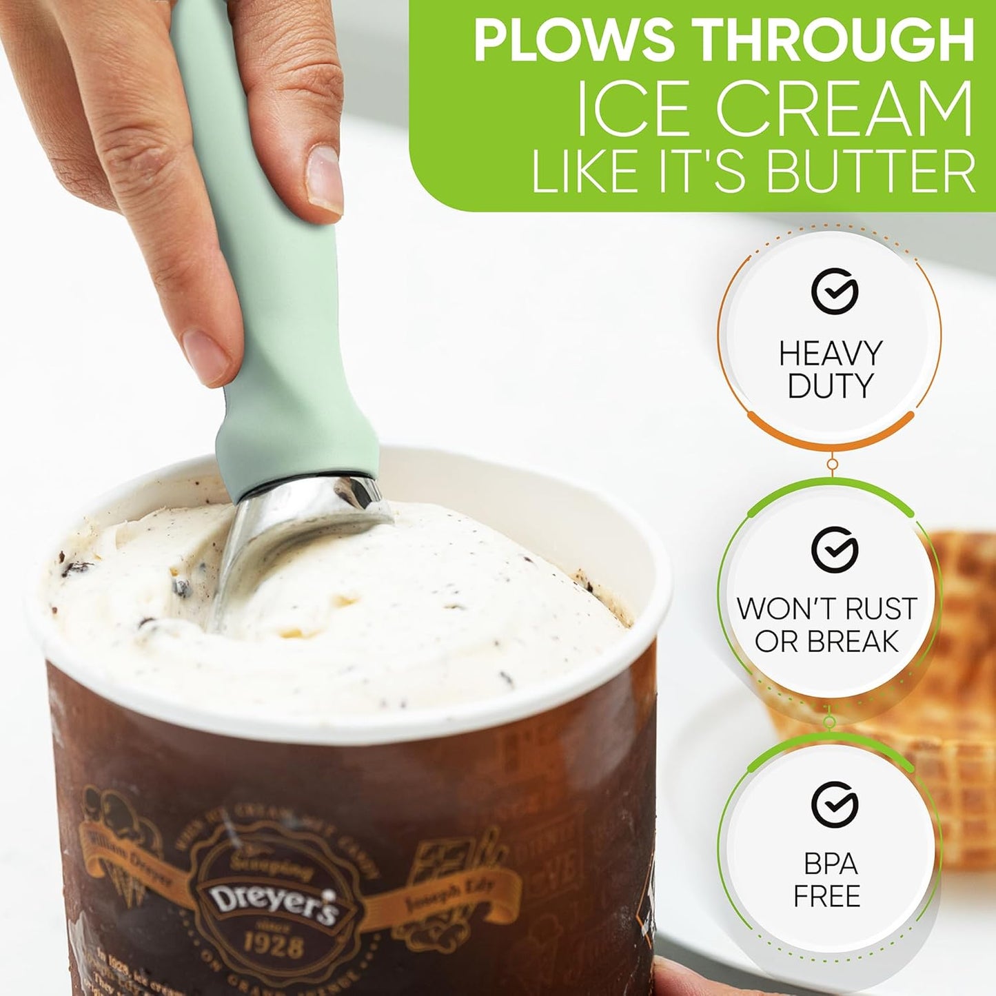 Spring Chef Ice Cream Scoop with Comfortable Handle, Professional Heavy Duty Sturdy Scooper, Premium Kitchen Tool for Cookie Dough, Gelato, Sorbet, Pistachio