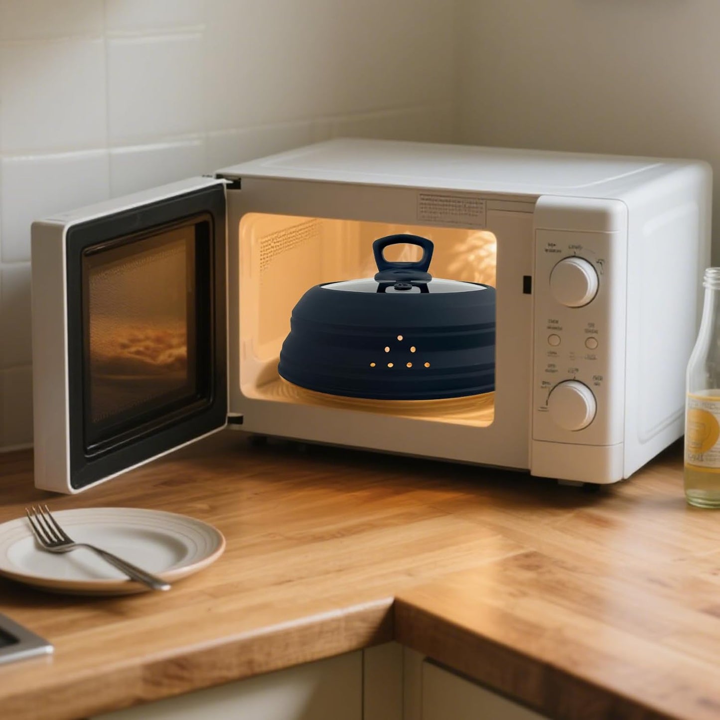 Microwave Splatter Cover Collapsible Silicone & Tempered Glass 10.8 Inch Microwave Cover for Food Splatter Guard with Steam Vents Dishwasher Safe Fits Bowls, Plates & Pots (Gray)