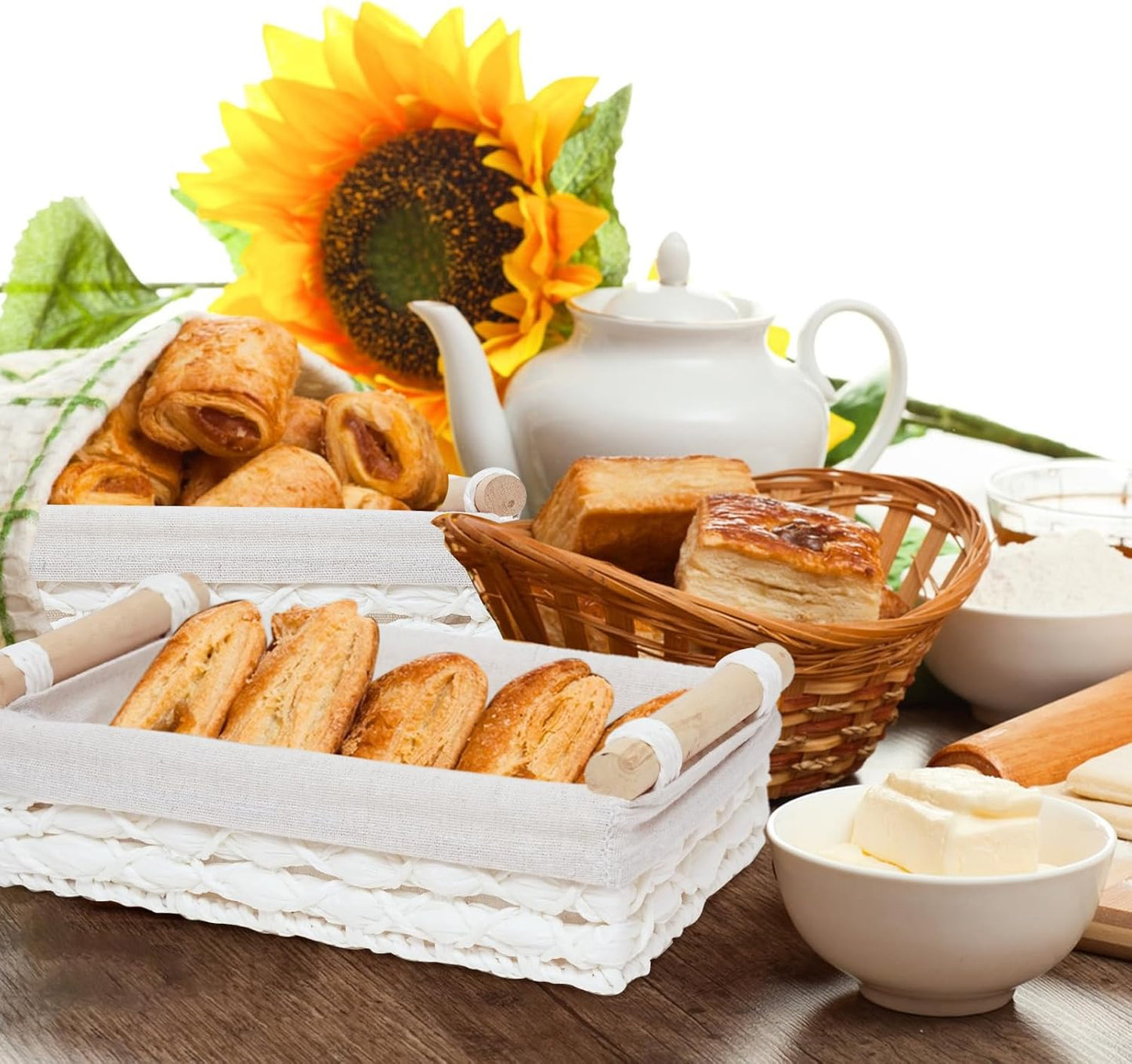 Storage Basket Wicker Baskets for Organizing with Handle Decorative Storage Bins for Countertop Toilet Paper Storage Basket for Toilet Tank Top Small Baskets Set (Set of 2,White)