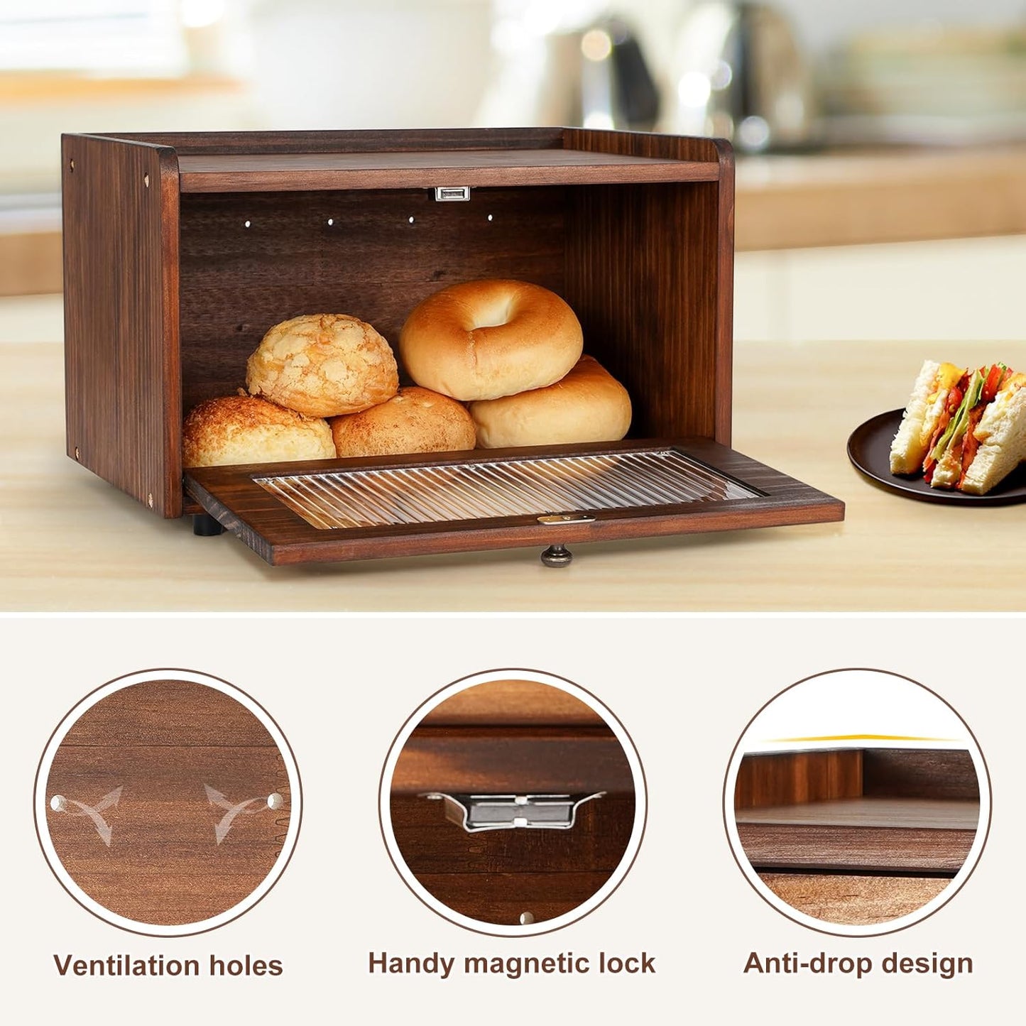 Sunhoo Bread Box for Kitchen Countertop Storage Wooden Breadbox Holder Container Morden Rustic Fresh Bread Keeper Farmhouse Stackable Organizer Bin for Homemade Food Shelf Acrylic Window (Black)
