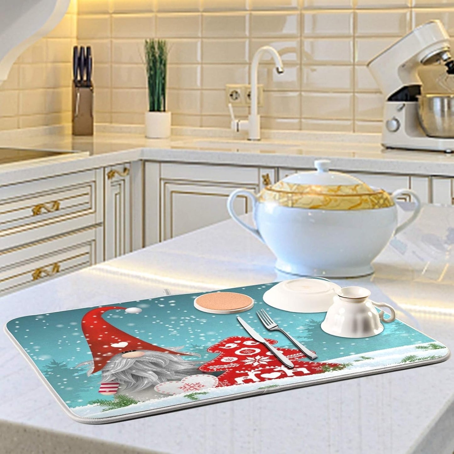 Super Absorbent Dish Drying Mat, Microfiber Fast-Drying Dish Mat, 24" x 18", Kitchen Dish Drying Pad, Watercolor Cute Christmas Gnome…