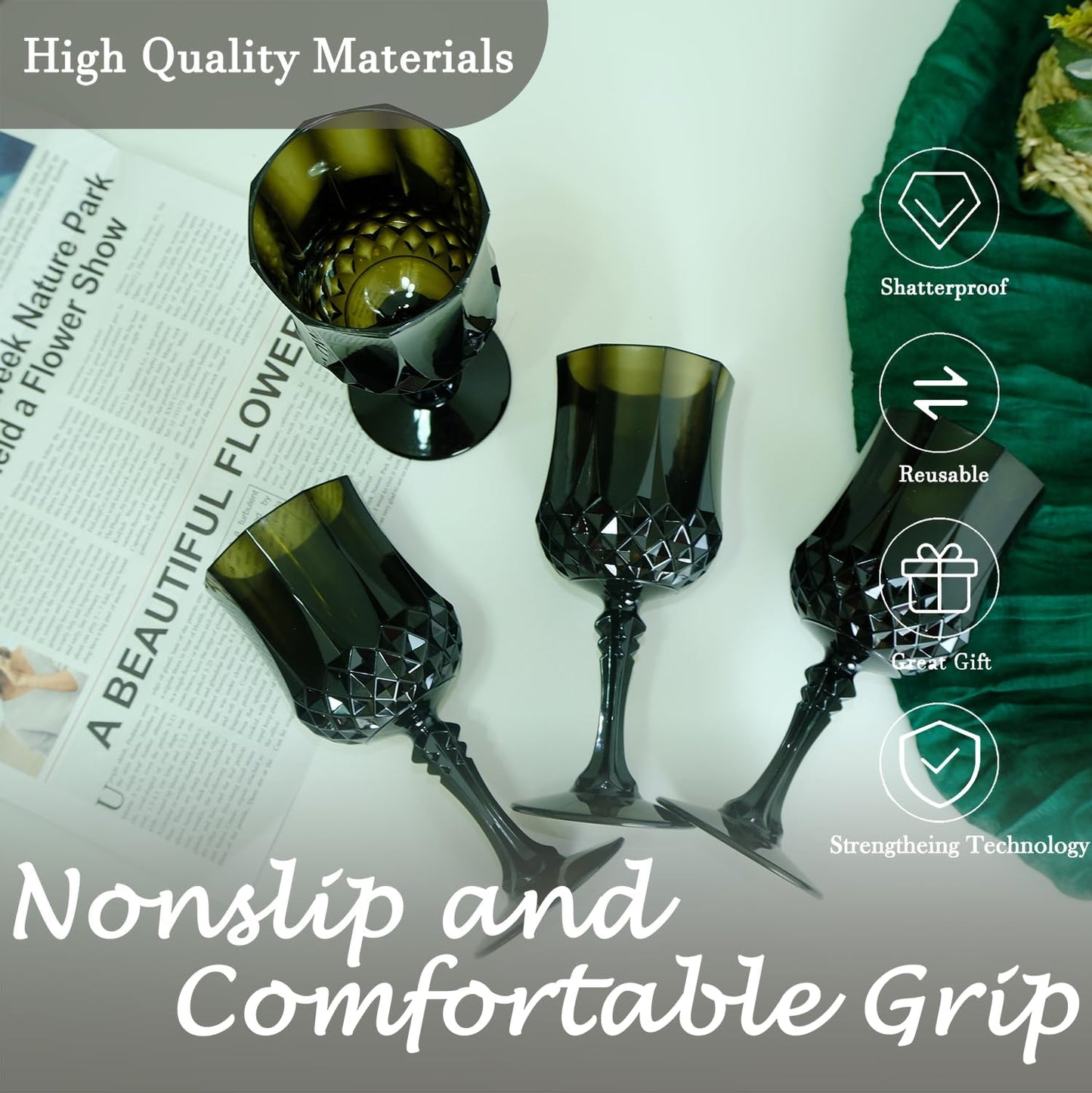 Plastic Wine Glasses,Plastic Goblets Vintage Style Cordial Drinking Glasses for Wedding Reception, Grand Event Party Supplies (48, Black)