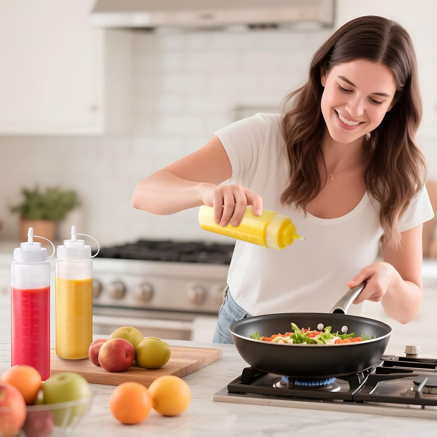 8 Pack 12 oz Plastic Squeeze Squirt Condiment Bottles with Cap Lids - Perfect for Condiments, Oil, Icing, Liquids–Set of 8 with extra 1 Silicone Funnel, 8 Chalk Labels and 1 Pen