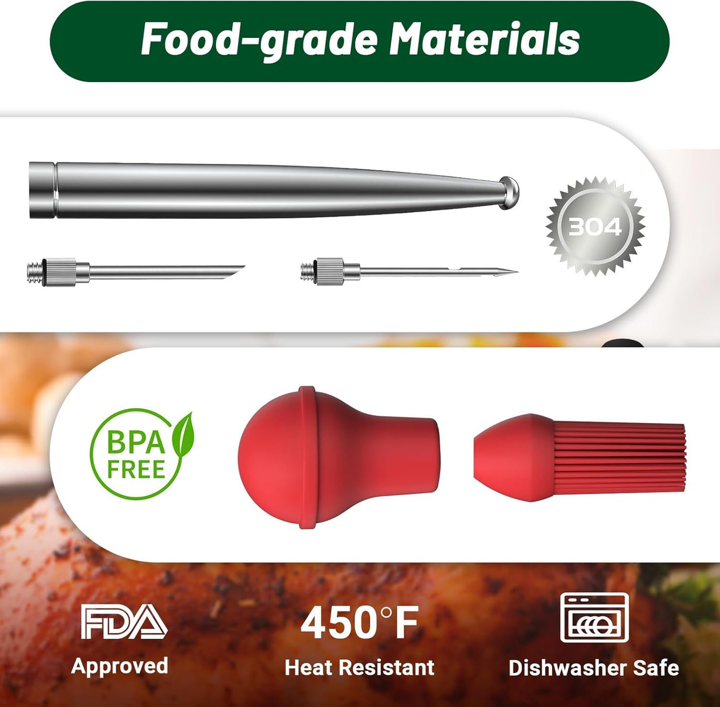 Vondior Turkey Baster for Cooking, Food Grade Stainless Steel Turkey Baster Syringe with Barbecue Basting Brush and 2 Marinade Injector Needles and Cleaning Brush, Red