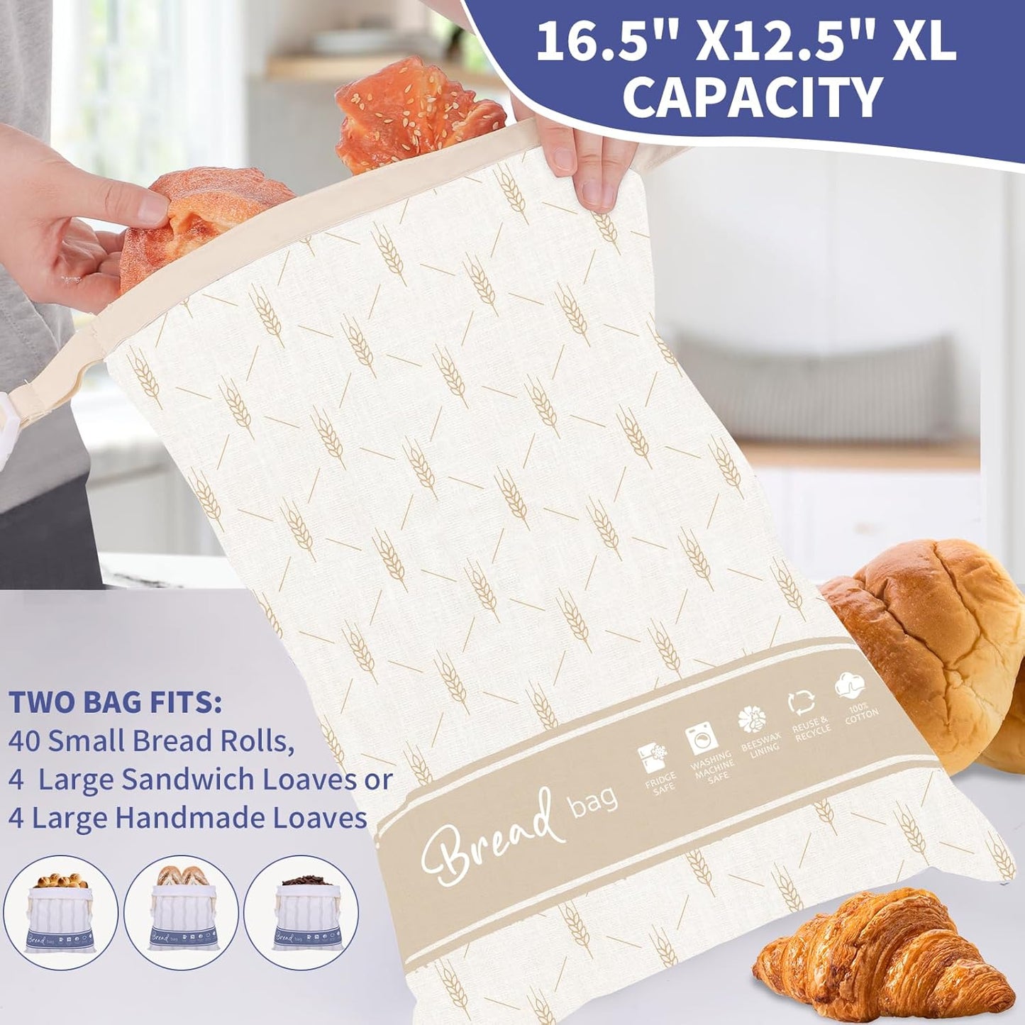 Beeswax Bread Bags for Homemade Bread, 2 Packs XL Reusable Bread Bag for Sourdough Large Cotton Bread Storage Bags for Baking Supplies Freezer Fresh Keeping