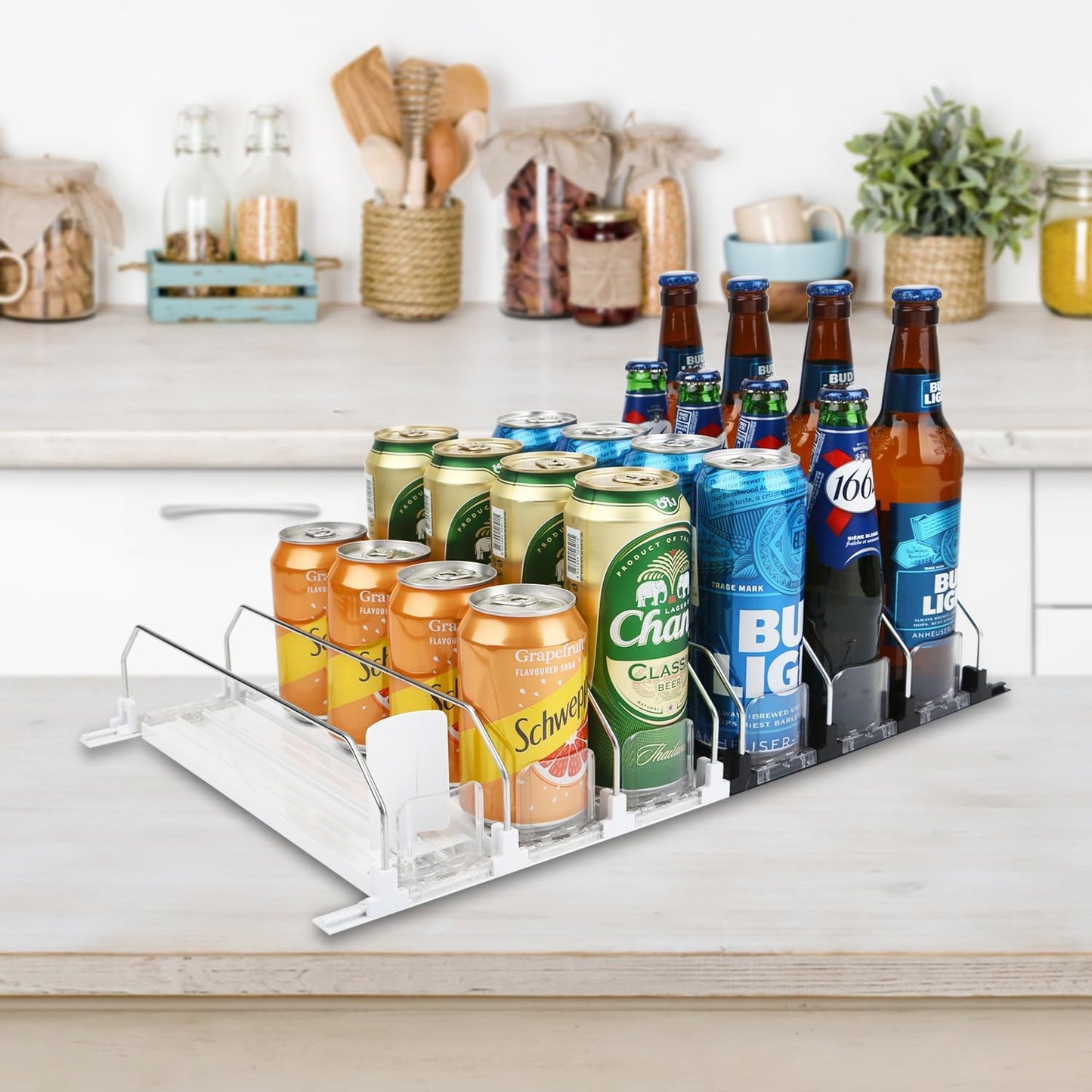 Soda Can Dispenser for Refrigerator - 3 Row Automatic Pusher Glide, Fridge Bottle Rack Drink Organizer, Self-Pushing Width Adjustable Beverage Storage Holds Up to 12 Cans (12.2inch, White)