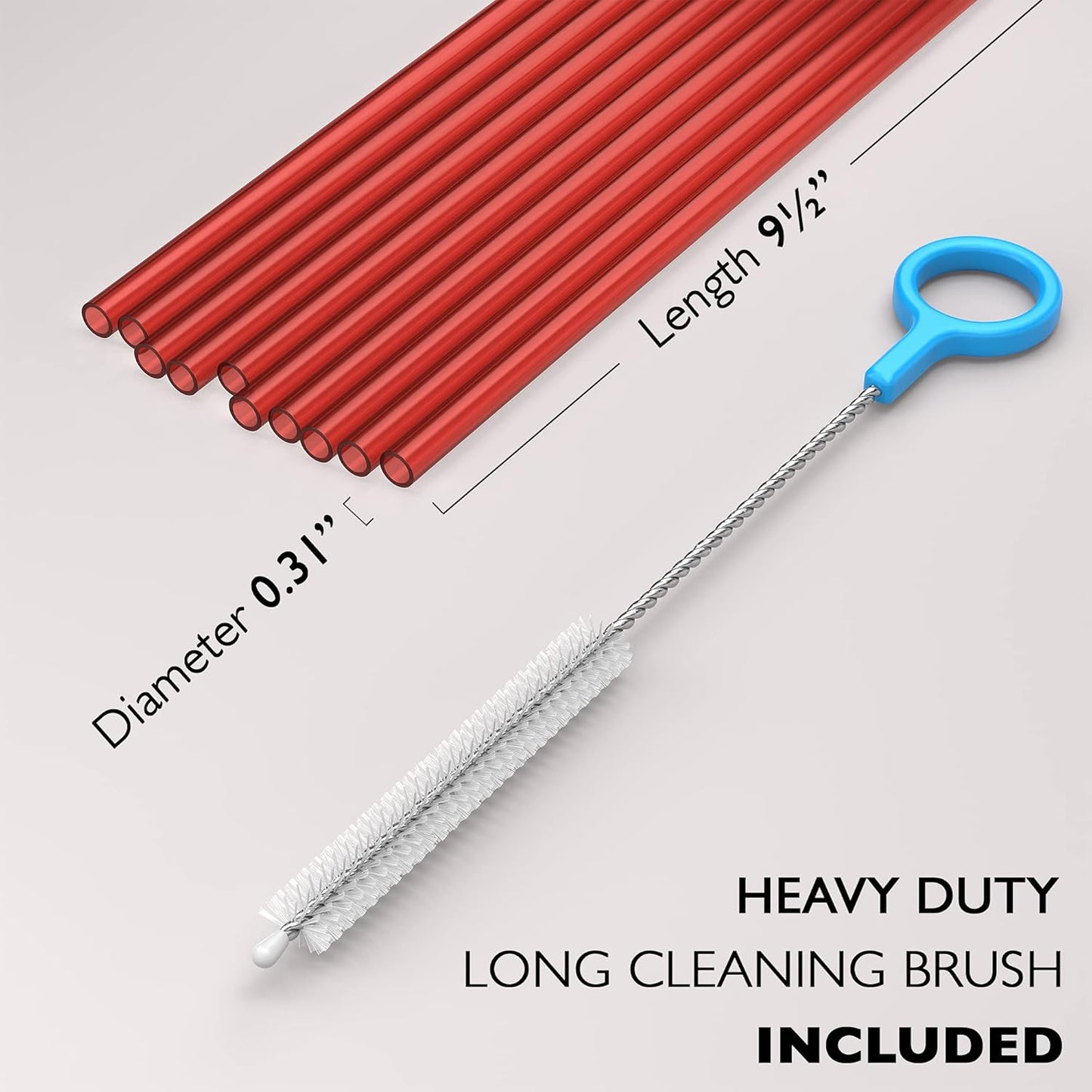 10 Long Reusable Hard Red Plastic Drinking Straws, Medium Width + Sturdy Cleaning Brush - for Tumblers, Mason Jars, Smoothies and Milkshakes - Dishwasher Safe BPA Free