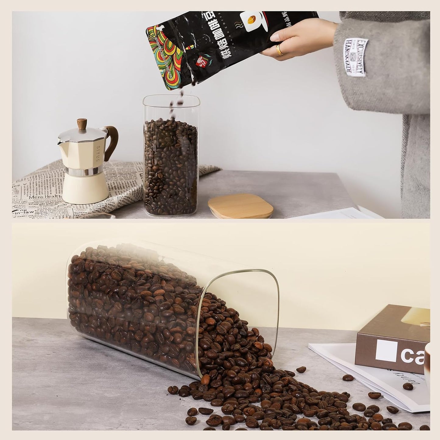 50oz Glass Food Storage Jars Set of 6,Glass Storage Containers Clear Glass Food Canister with Bamboo Lid Airtight For Serving Tea, Coffee, Flour, Sugar, Candy, Cookie, Spice and More (Square)