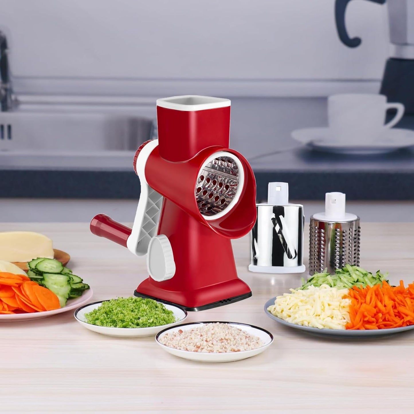 Rotary Cheese Grater Multi-Purpose Stainless Steel Cheese Shredder - Cheese Grater With Handle Effortless Grating of Carrots, Potatoes, Vegetables, and Fruits (Red)