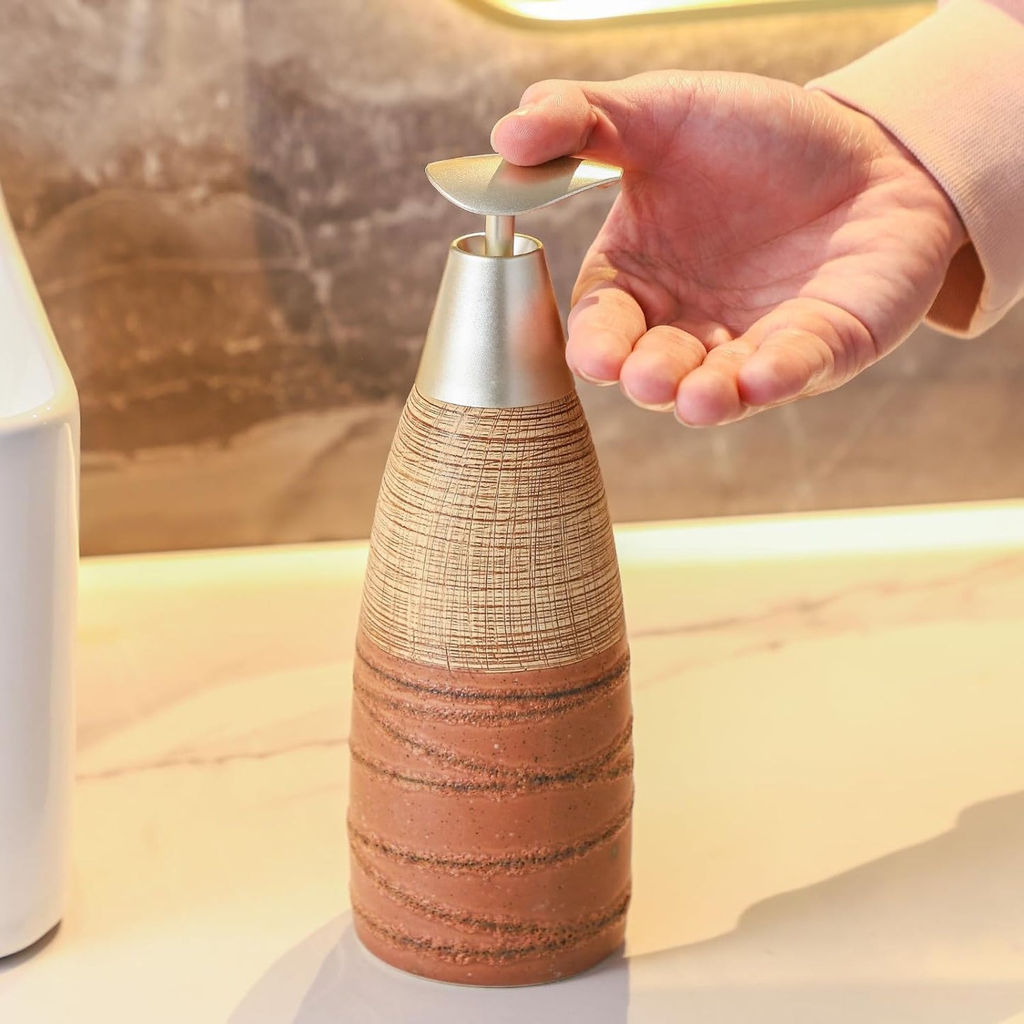 Ceramic Soap Dispenser with Plastic Pump – 12oz Refillable Liquid Dispenser for Bathroom, Kitchen, Office, Hotel, Airbnb, or Vacation Rental (Type G)