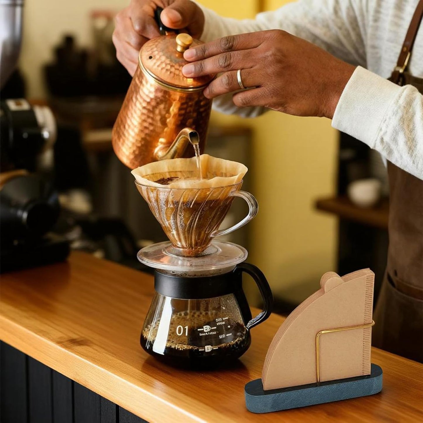 Cone Coffee Filter Holder for Counter, Coffee Filter Storage Container for Cone Paper Filters Size #01 & #02, Marble Base with Non-Slip Pad (Black)