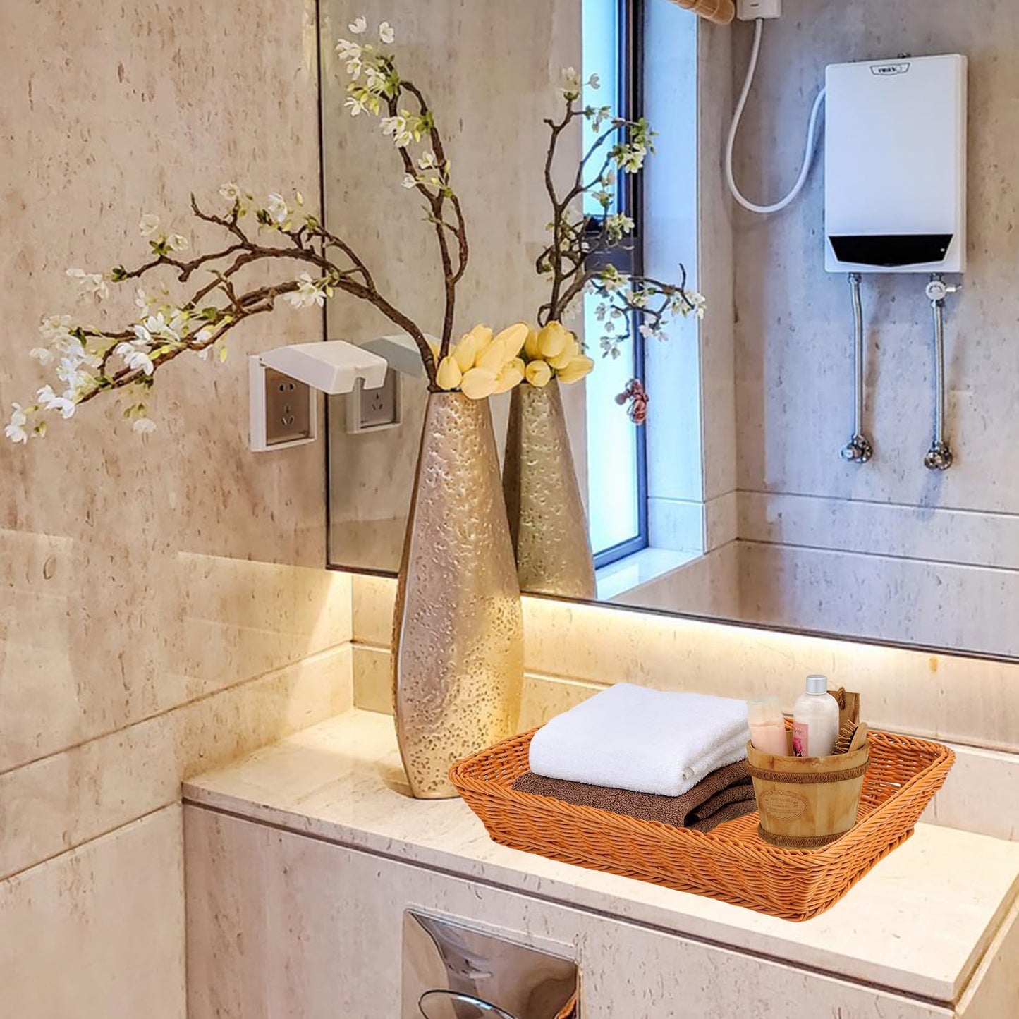 6 Pack 16 Inch Brown Wicker Bread Basket, Handmade Woven Organizer, Rectangular Fruit Baskets, Snack Basket Food Serving Baskets for Dining Table, Candies, Crackers, Fruit, Vegetables