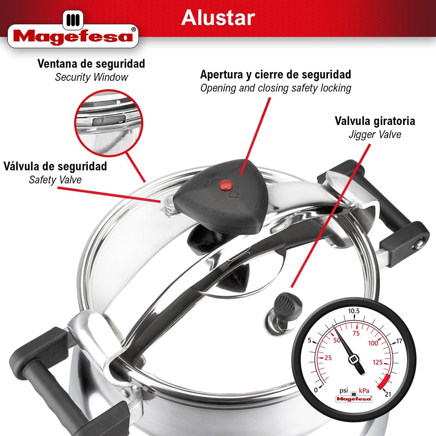 Magefesa Alustar 23.2-Quart Aluminum Pressure Cooker – Extra-Thick Construction, Thermodiffusion Base, 3 Safety Systems, Professional-Grade