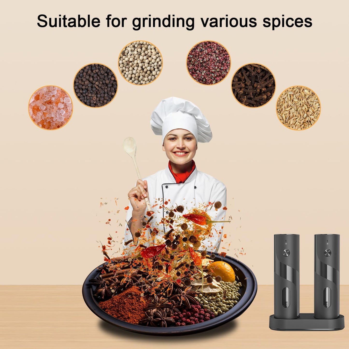 Electric Salt and Pepper Grinder Set with Charging Base,Matte Automatic Pepper Grinder Set Top-Refill, Flexible Coarsenes, 110ml Larger Capacity with LED Light for Home Kitchen (2 pack)