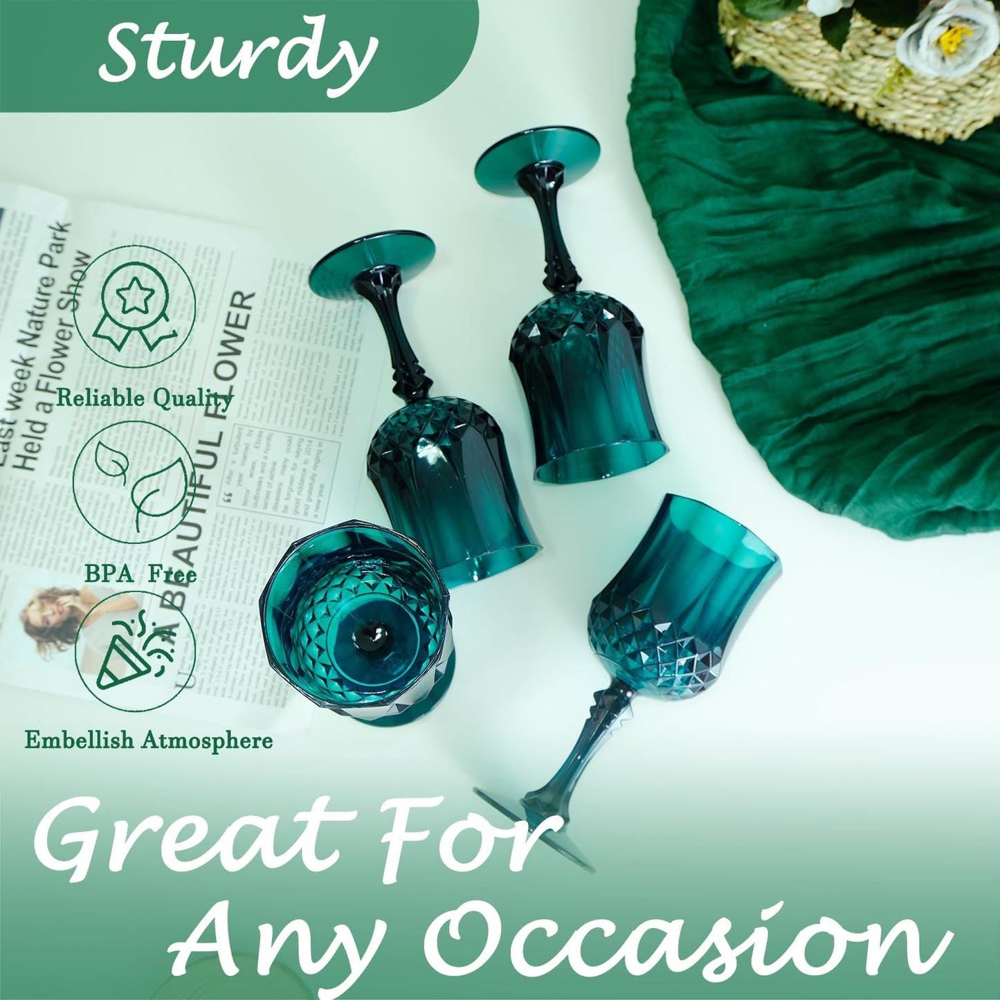 Plastic Wine Glasses,Plastic Goblets Vintage Style Cordial Drinking Glasses for Wedding Reception, Grand Event Party Supplies (24, Green)