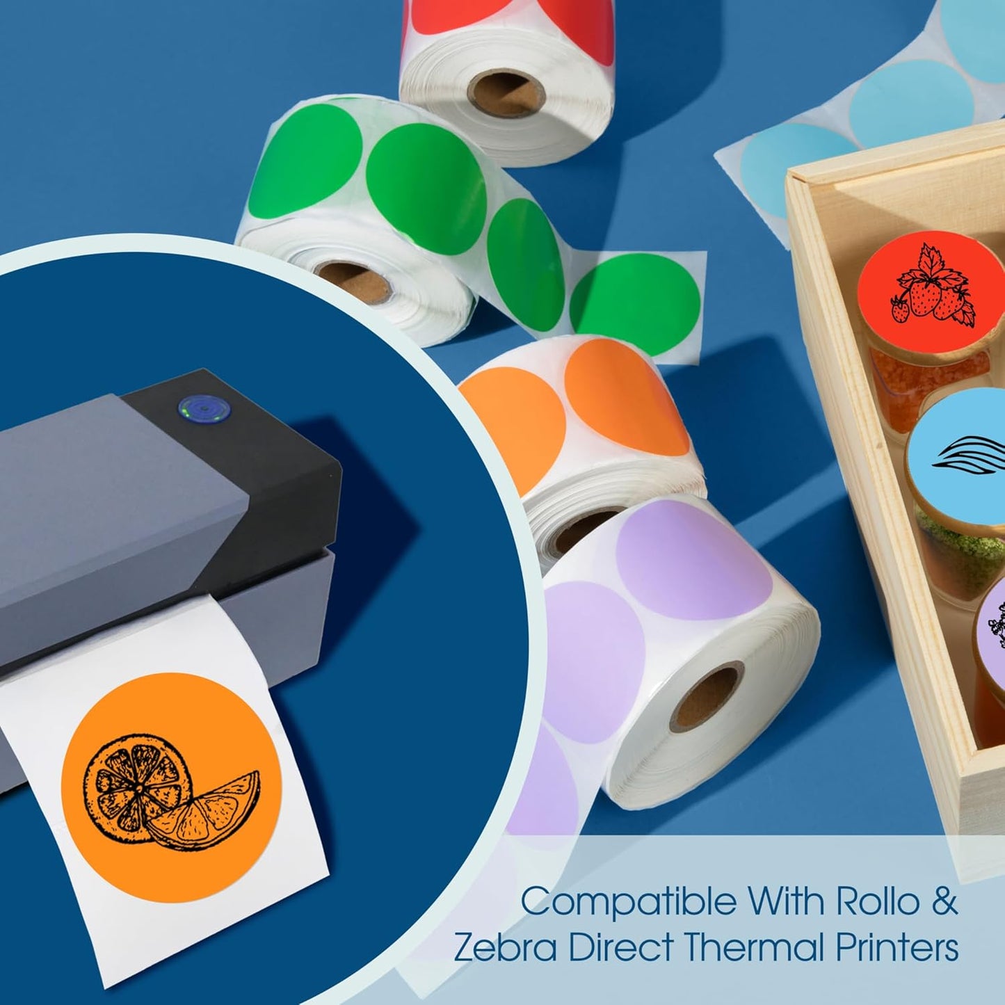 Spartan Industrial 2" Direct Thermal Multicolored Labels | Perforated Custom Circle Logo Stickers - Works with Rollo, Zebra, MUNBYN Desktop Printers - 5 Rolls, 750/Roll