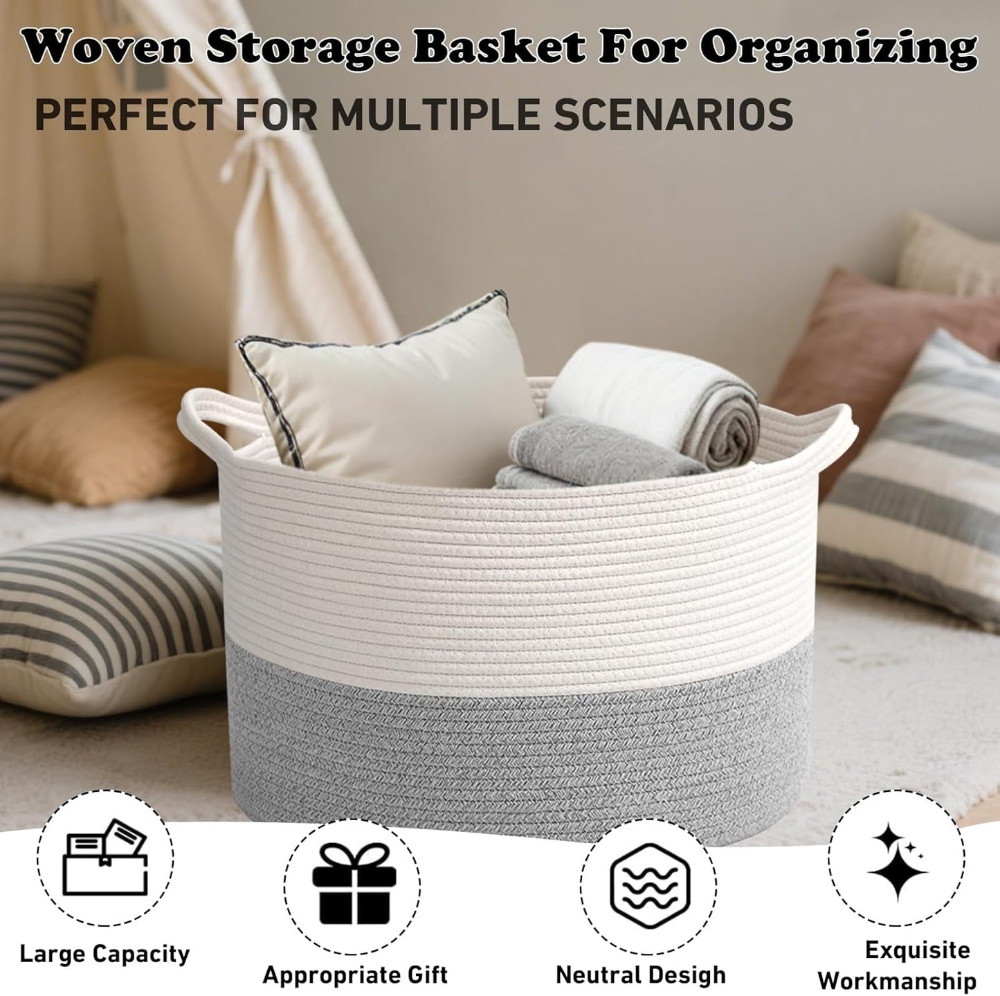 Large Blanket Basket for Organizing,65L Closet Organizers and Storage Bins Box for Shelves Woven Rope Storage Baskets,Living Room,Bedroom,Dorm,Laundry room (White&Grey)