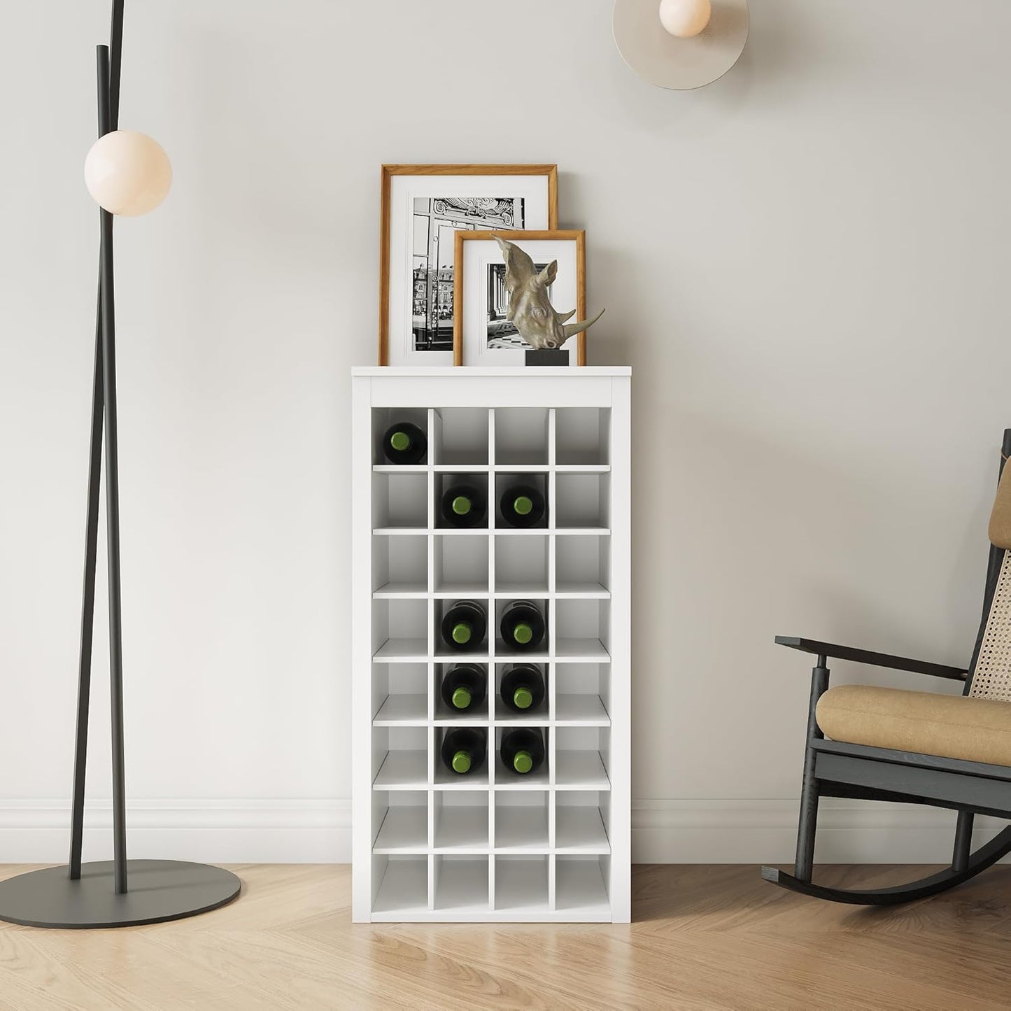WERSMT 8-Tier Wine Rack Freestanding Floor, 32 Bottles Wood Wine Rack Counter for Small Space, Farmhouse Stackable Modular Wine Bottle Holder Rack, White
