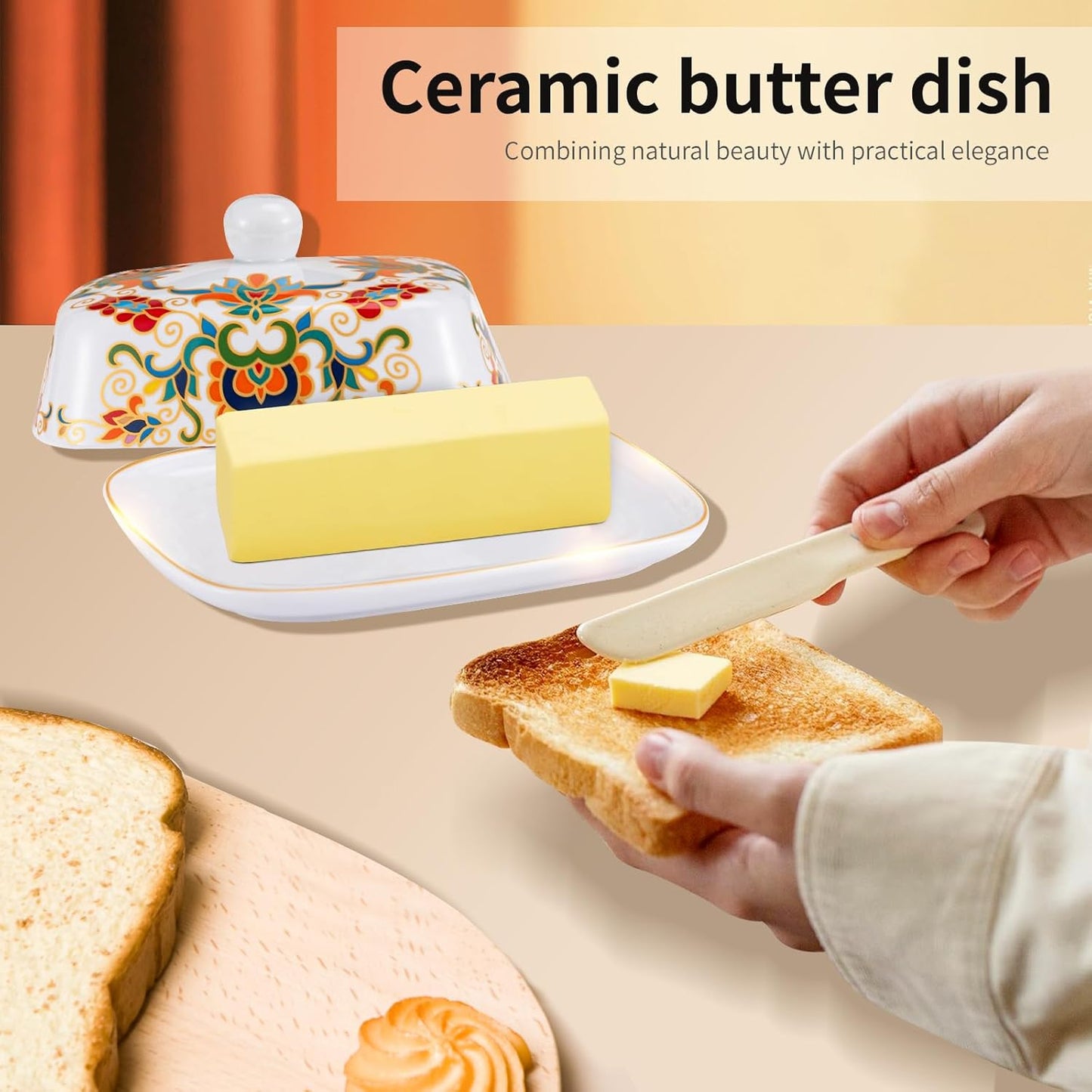 Butter Dish with Lid, butter dish with lid for countertop,Classic patterns Ceramic Butter container,Grilled flower craft butter Holder,Microwave, Oven and Dishwasher Safe butter tray.