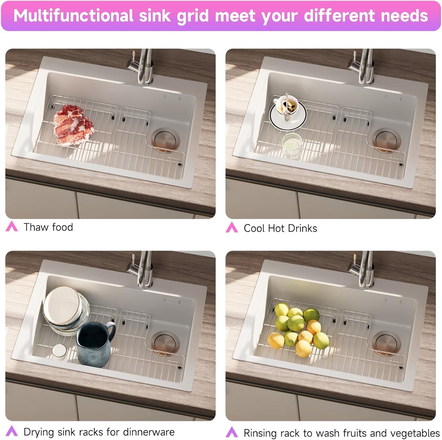 Stainless Steel Sink Protectors for Kitchen Sink, 23.2'' x11.6'' Sink Racks Compatible with Kohler Whitehaven K-6486 and K-6487, Sink Grid Sink Grate for Bottom of Kitchen Sink with Rubber Feet