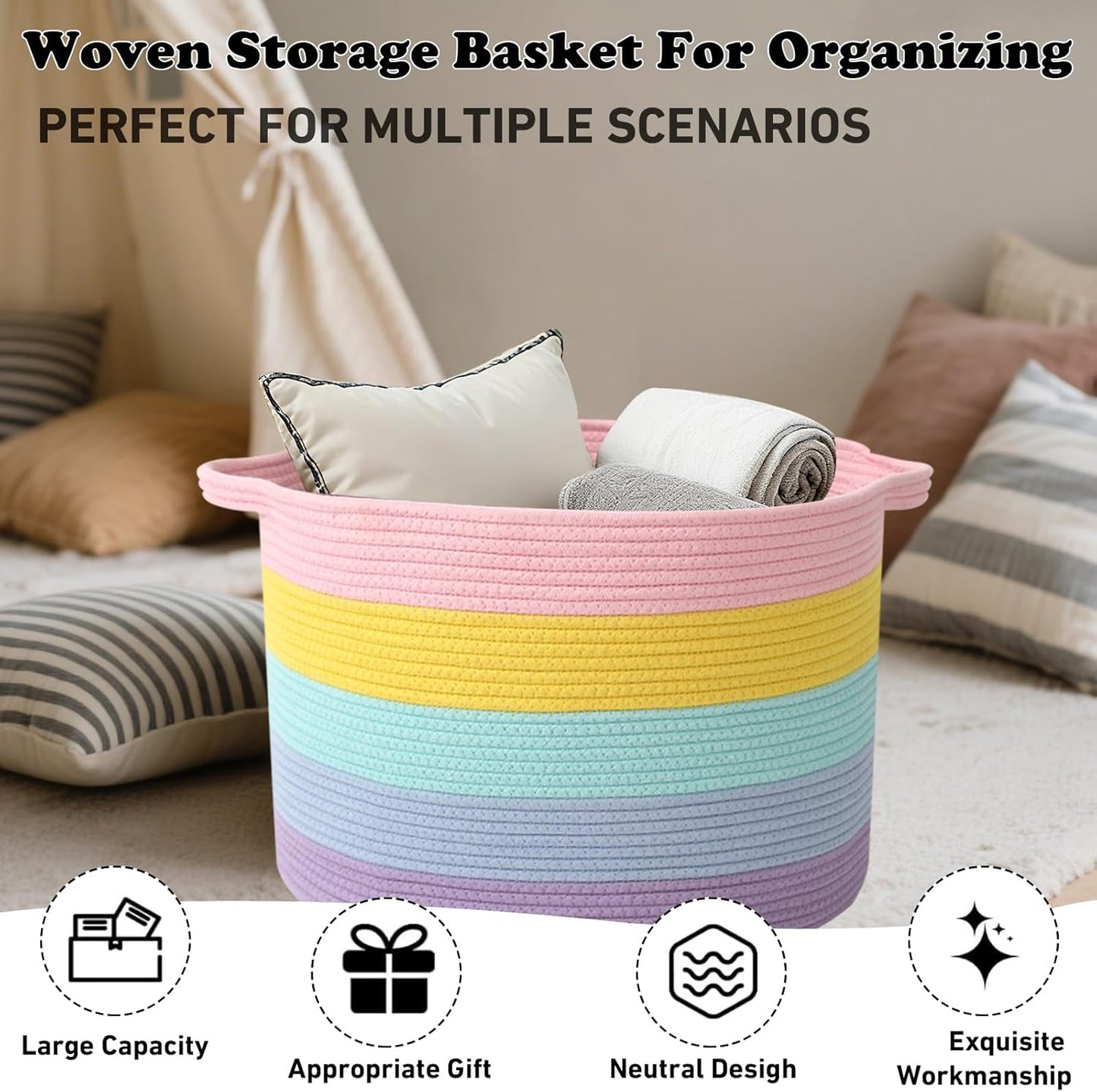 Large Blanket Basket for Organizing,115L Closet Organizers and Storage Bins Box for Shelves Woven Rope Storage Baskets,Living Room,Bedroom,Dorm,Laundry room (Colorful)