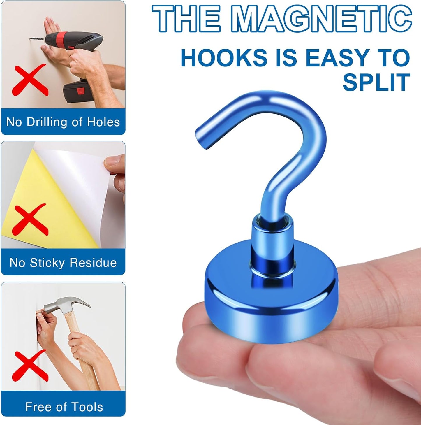 LOVIMAG Magnetic Hooks Heavy Duty, 150LBS Strong Magnets with Hooks for Cruise Cabins, Neodymium Magnet Hooks for Hanging, Blue Magnetic Hooks for Kitchen, Tool Room, Grill- 4 Pcs
