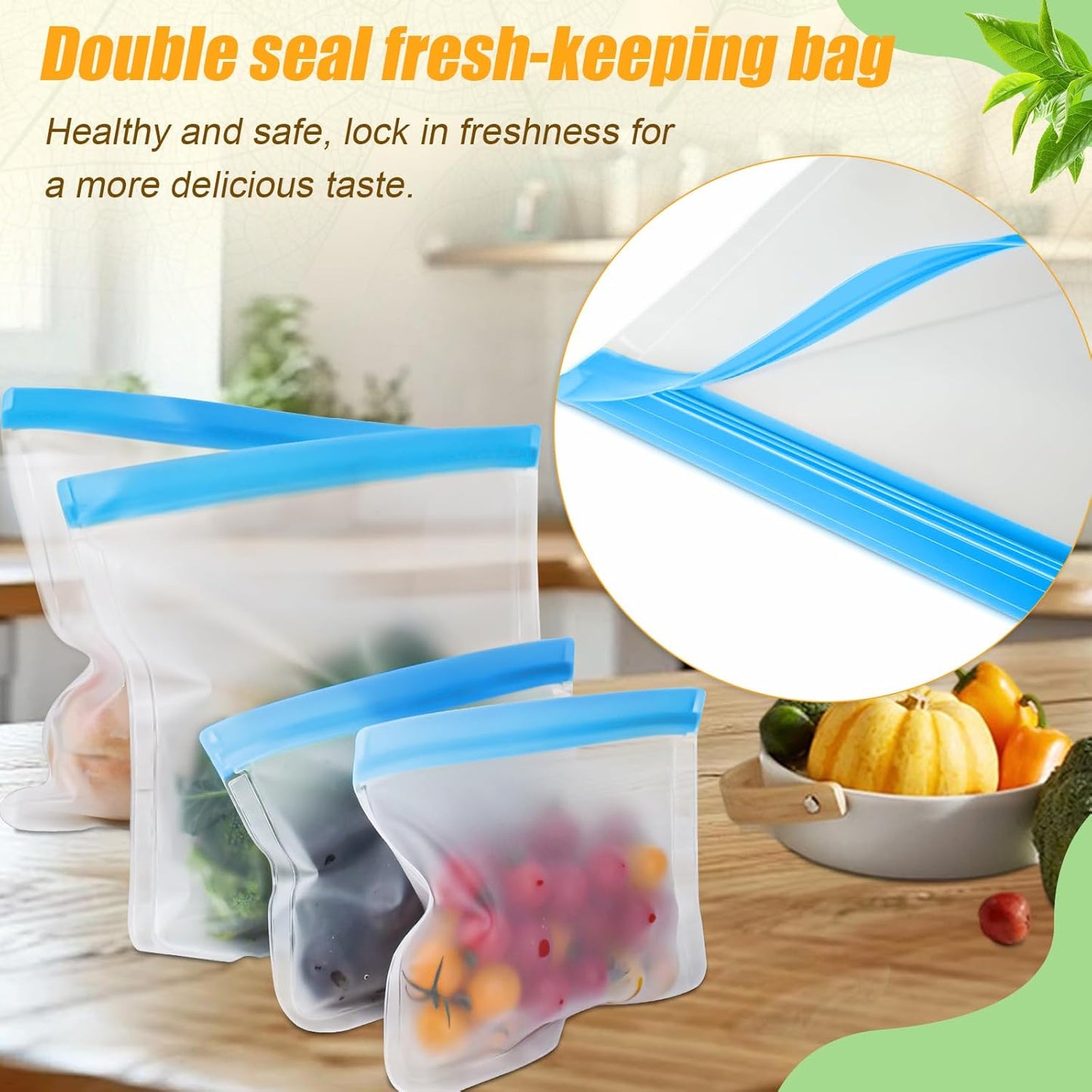 Reusable Silicone Food Storage Bags, 10 Pack 4 Size Leak proof Dishwasher Safe Reusable Freezer Bags for Food Storage Containers, Lunch Bag for Sandwich, Marinate Meat, Fruit