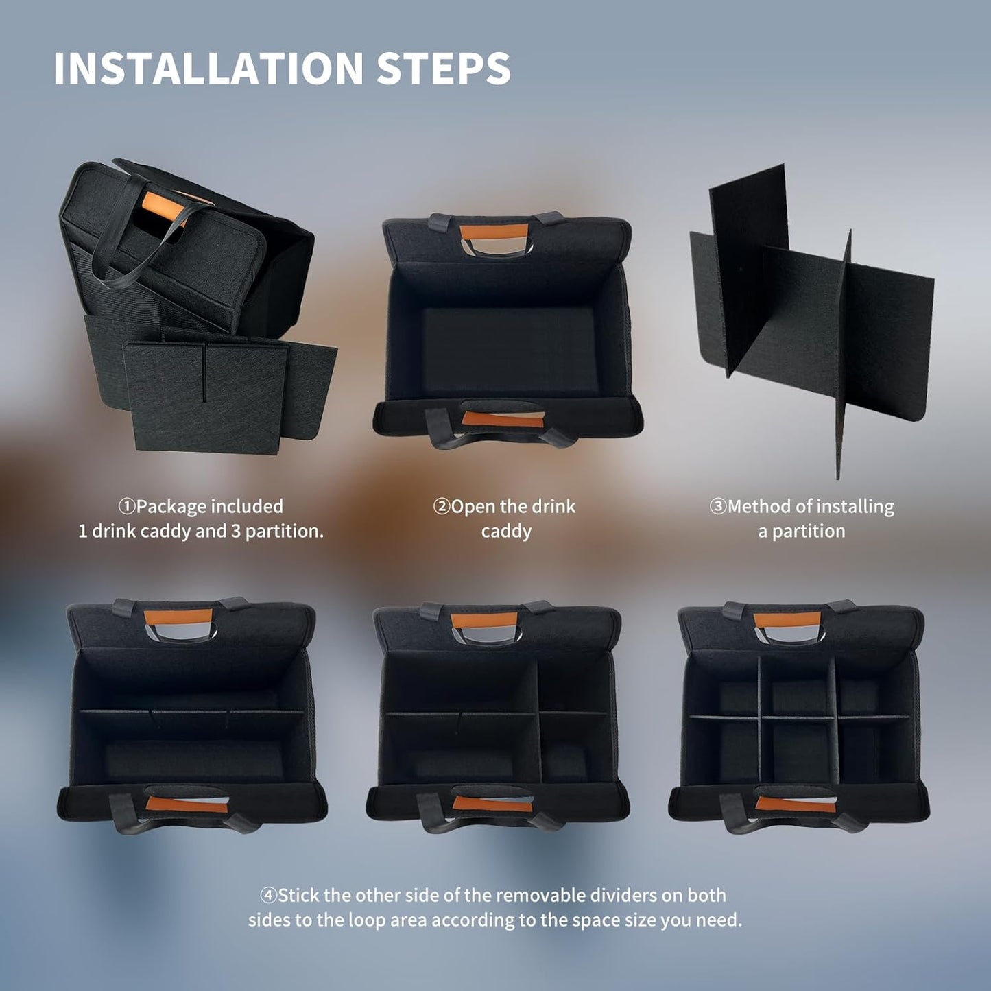 Reusable 4/6 Cup Drink Carrier with Handle and Adjustable Dividers, Insulated Caddy for Take Out, Foldable Coffee Cup Holder for Hot & Cold Drinks (Black, 6 Cups)