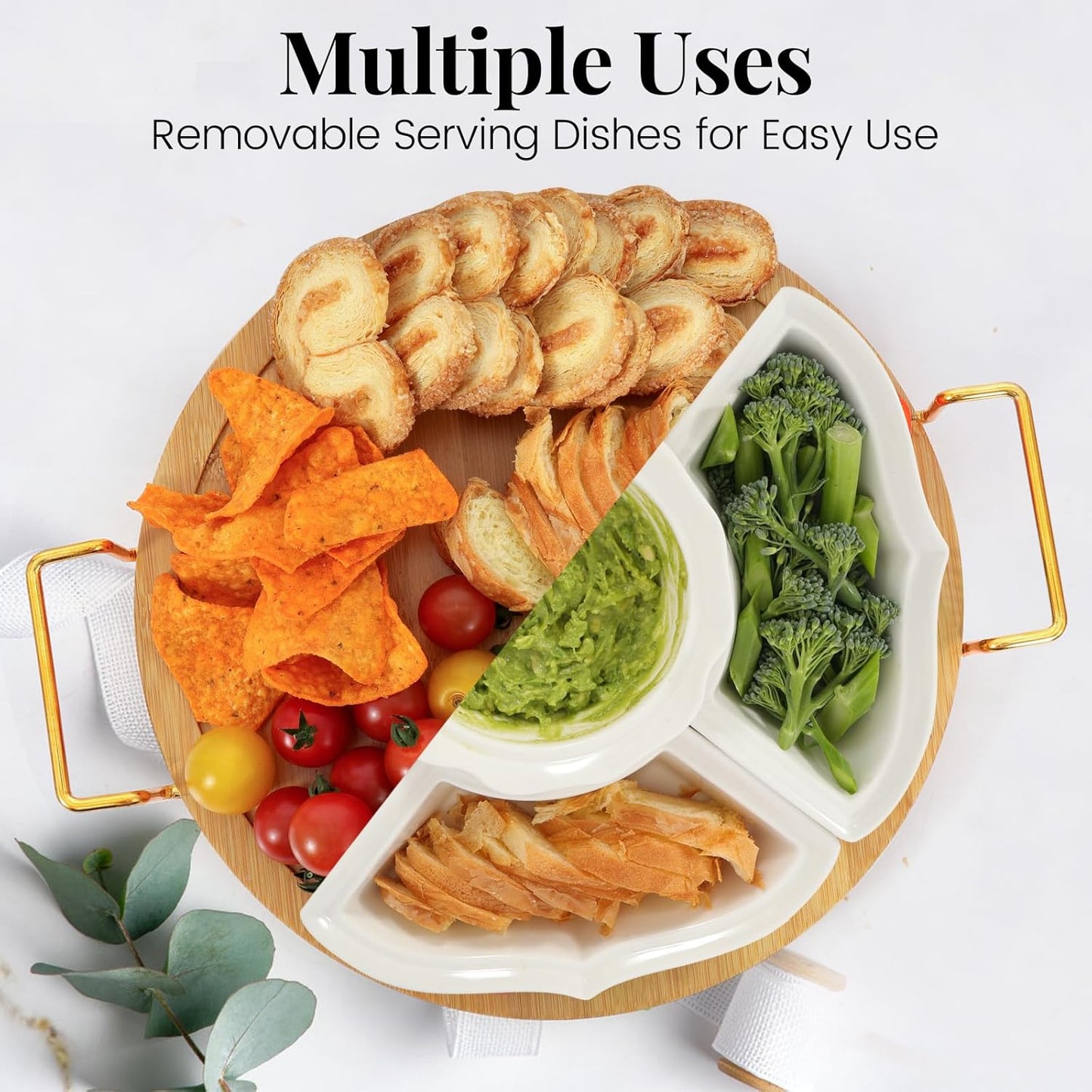 Party Serving Trays and Platters, Ceramic Lazy Susan Serving Tray with Divided Sections Appetizer Rotating Serving Tray for Fruits, Veggies, Chips and Dip Serving Set