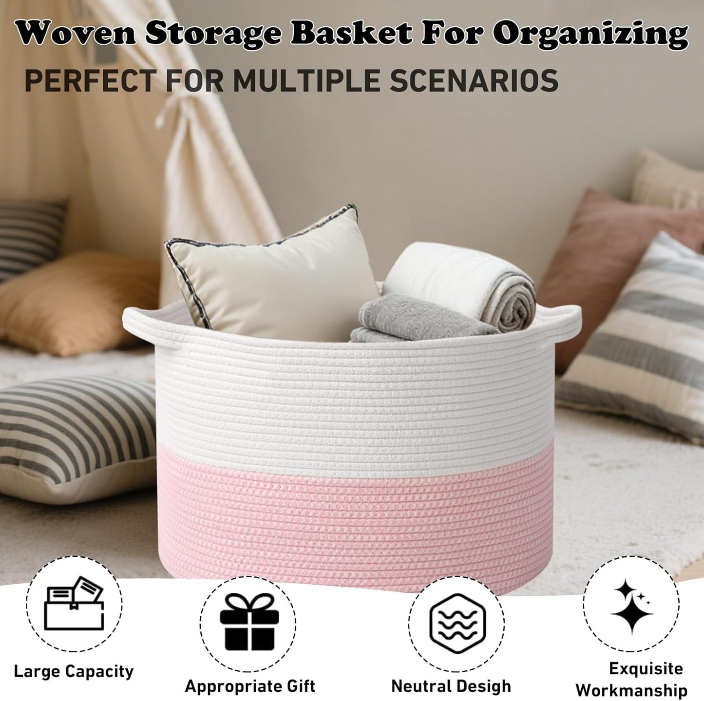 Large Blanket Basket for Organizing,65L Closet Organizers and Storage Bins Box for Shelves Woven Rope Storage Baskets,Living Room,Bedroom,Dorm,Laundry room (White&Pink)