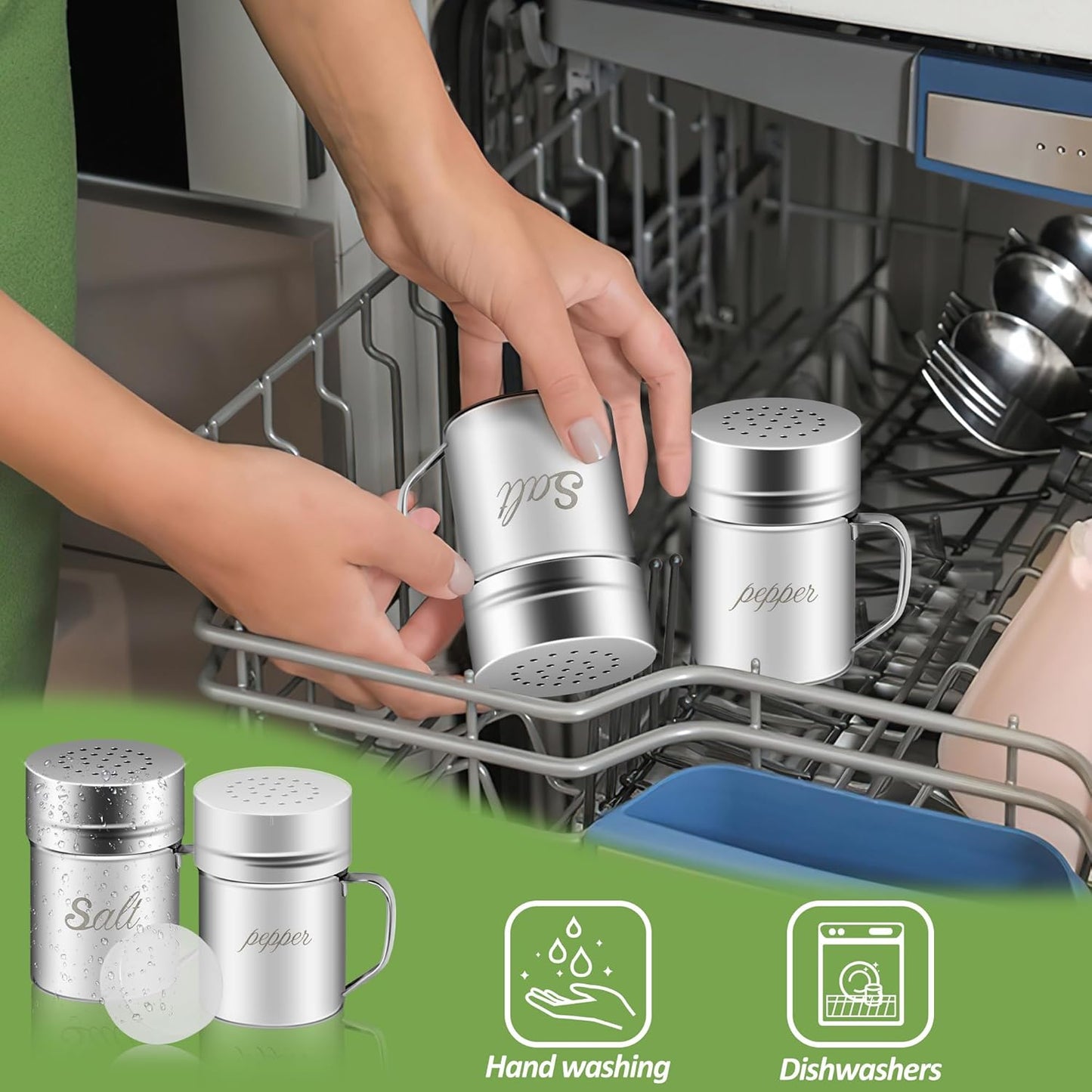 Stainless Steel Salt and Pepper Shakers Set, 6 OZ Seasoning Spice Shaker with Lid and Handle Medium Holes, Metal Dredge Shaker for Powder Sugar Cooking Kitchen Baking (2 Pieces)