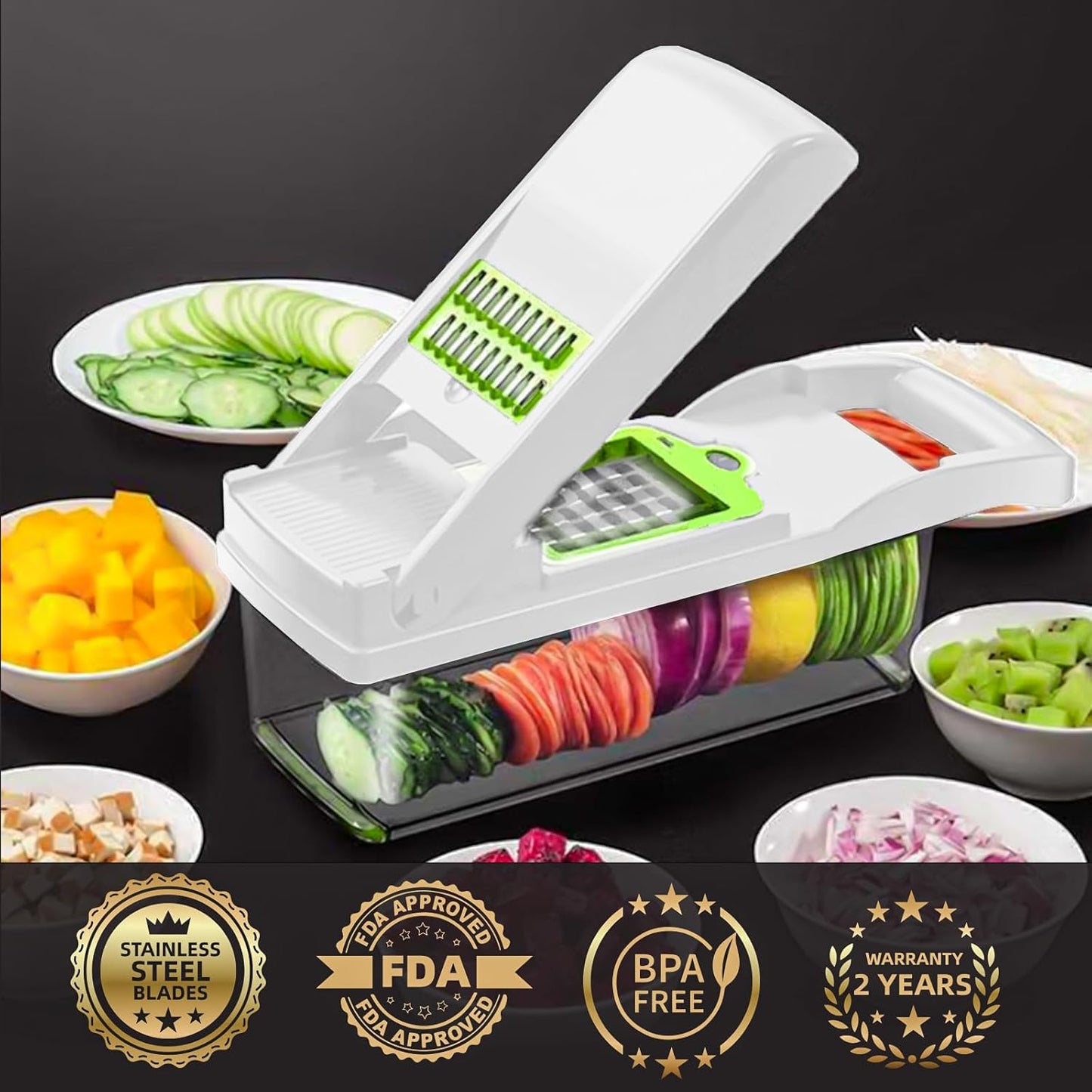 Vegetable Chopper Cutter Slicer Multifunctional 14-in-1 Food Veggie Salad Onion Chopper Cutter Dicer with Container, 8 Interchangable Blades, Hand Protector, Drain Strainer, Peeler, Brush