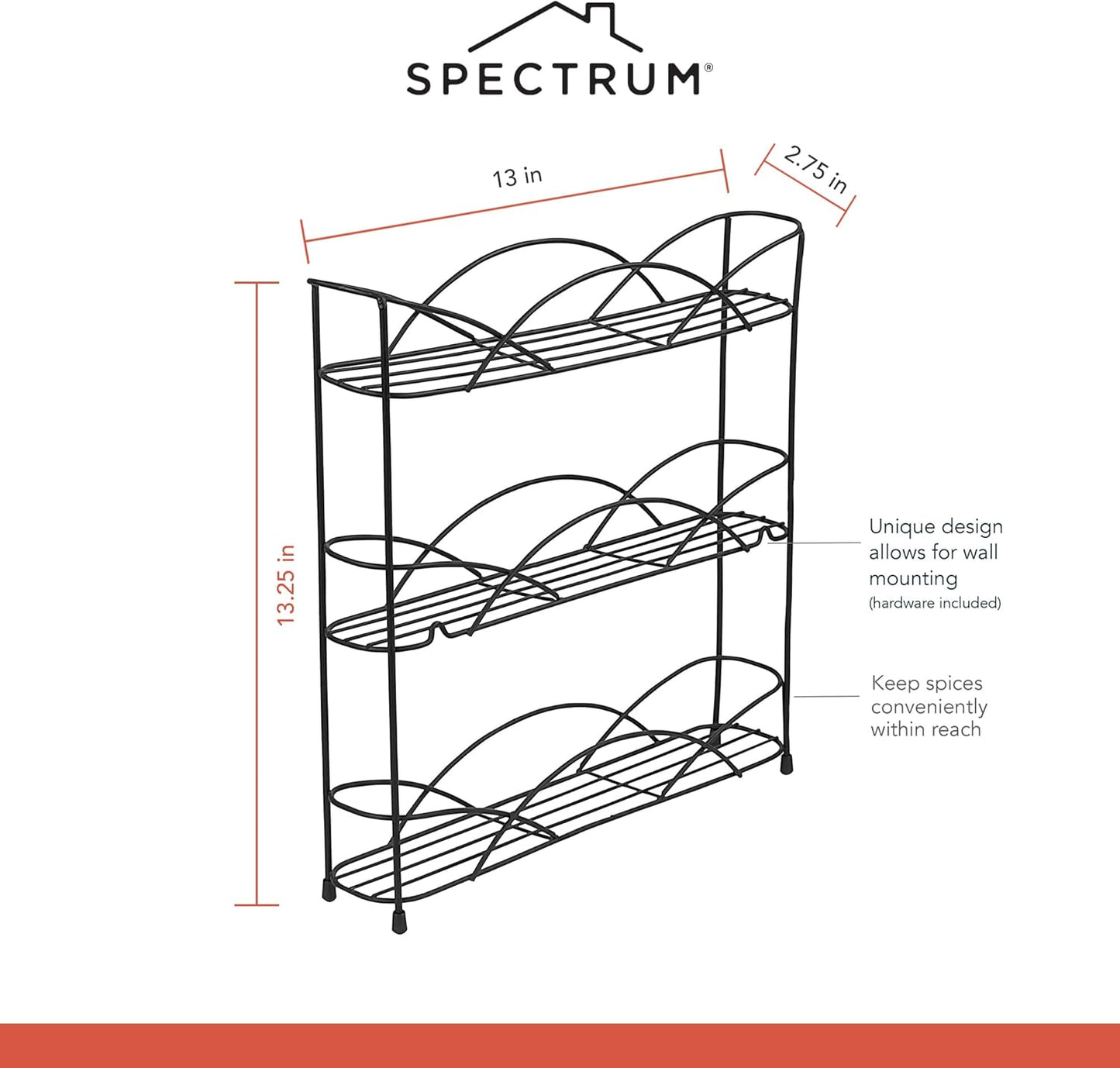 Spectrum Diversified 3-Tier Spice Rack Shelf Organizer for Kitchen Countertop, Pantry, Bathroom, or Closet with Optional Wall Mount, Black