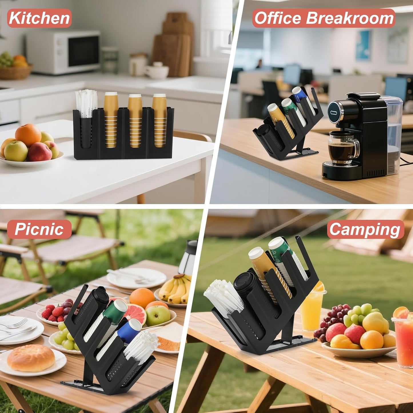 Paper Cup and Lid Holder with Straw Organizer,4 Compartment Adjusting,Coffee Cup Dispenser for Countertop,Coffees Station,Bar Restaurant,Black