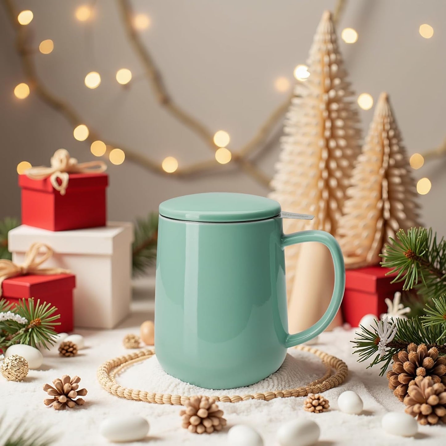 Sweese 20 OZ Porcelain Tea Mug with Infuser and Lid, Loose Leaf Tea Cup, Gifts for Tea Lover - Mint Green