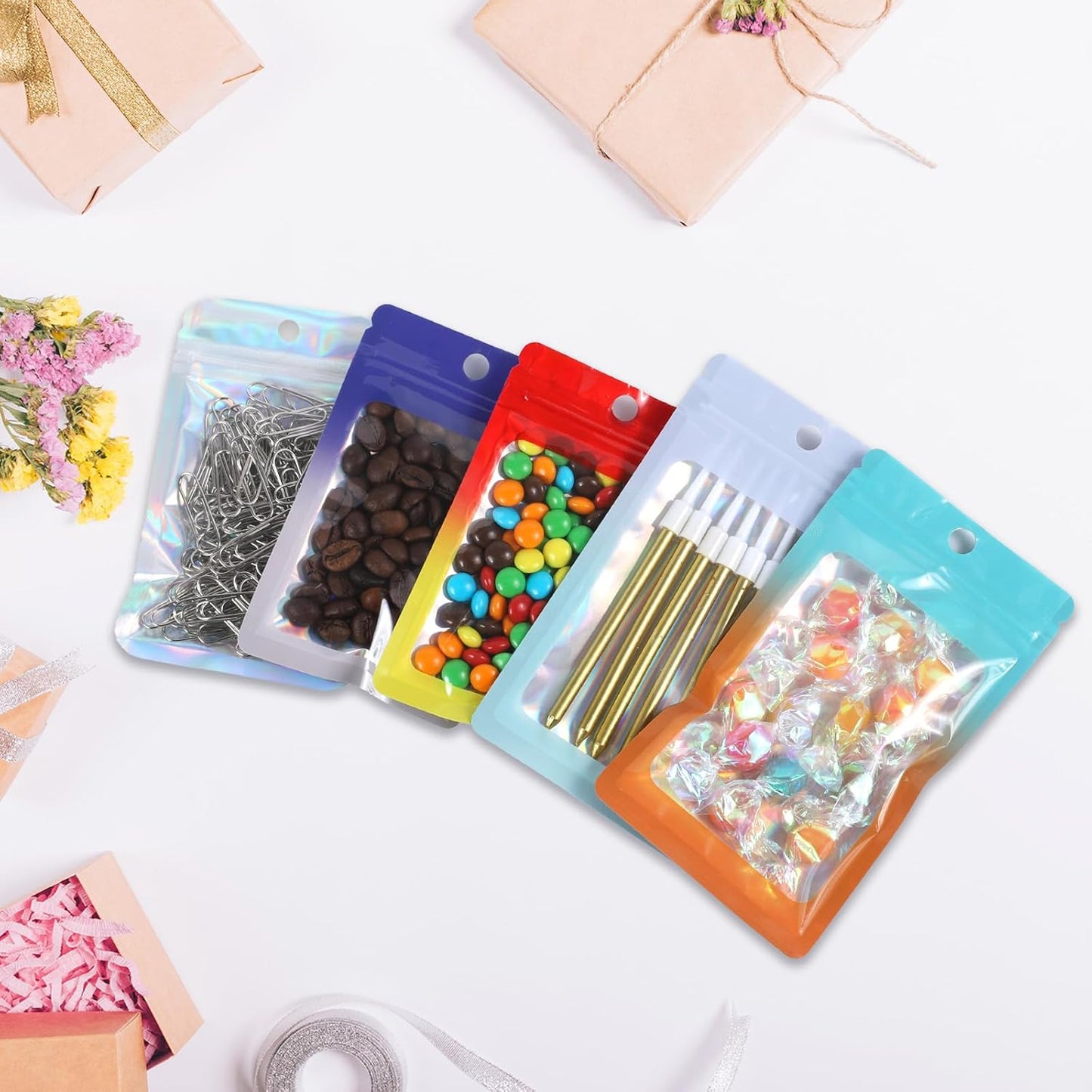 200 Pack Resealable Mylar Holographic Bags Food Storage Smell Proof Bags with Front Window Foil Packaging Pouch for Candy Sample Jewelry Small Business 3.15×5.51 Inch, Purple