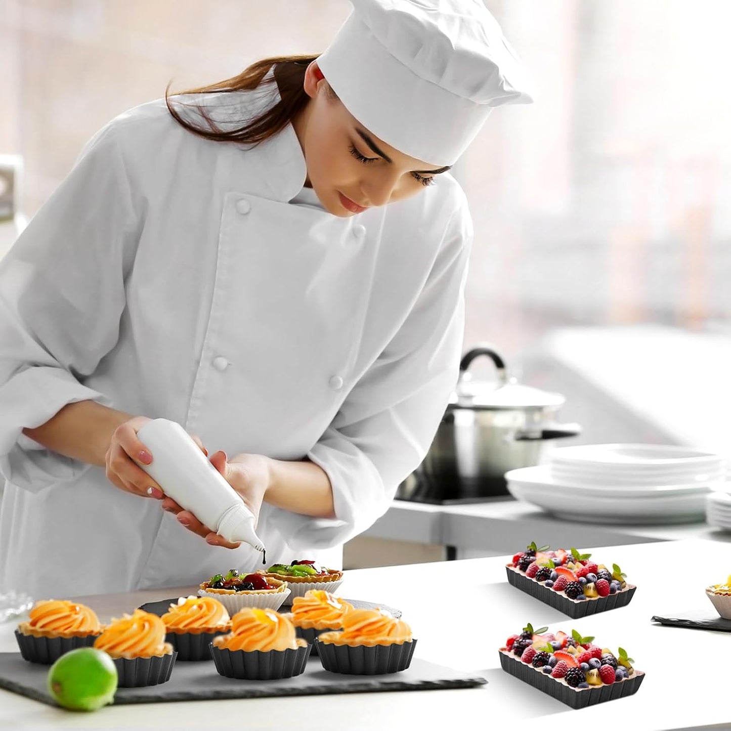 Tessco 16 Pieces Mini Tart Pans with Removable Bottom Nonstick Quiche Mini Pie Tart Pans Bakeware Mold Fluted Side for Pies(Black Round and Rectangle,4 Inch and 4.33 x 2.36 x 0.79 Inch)