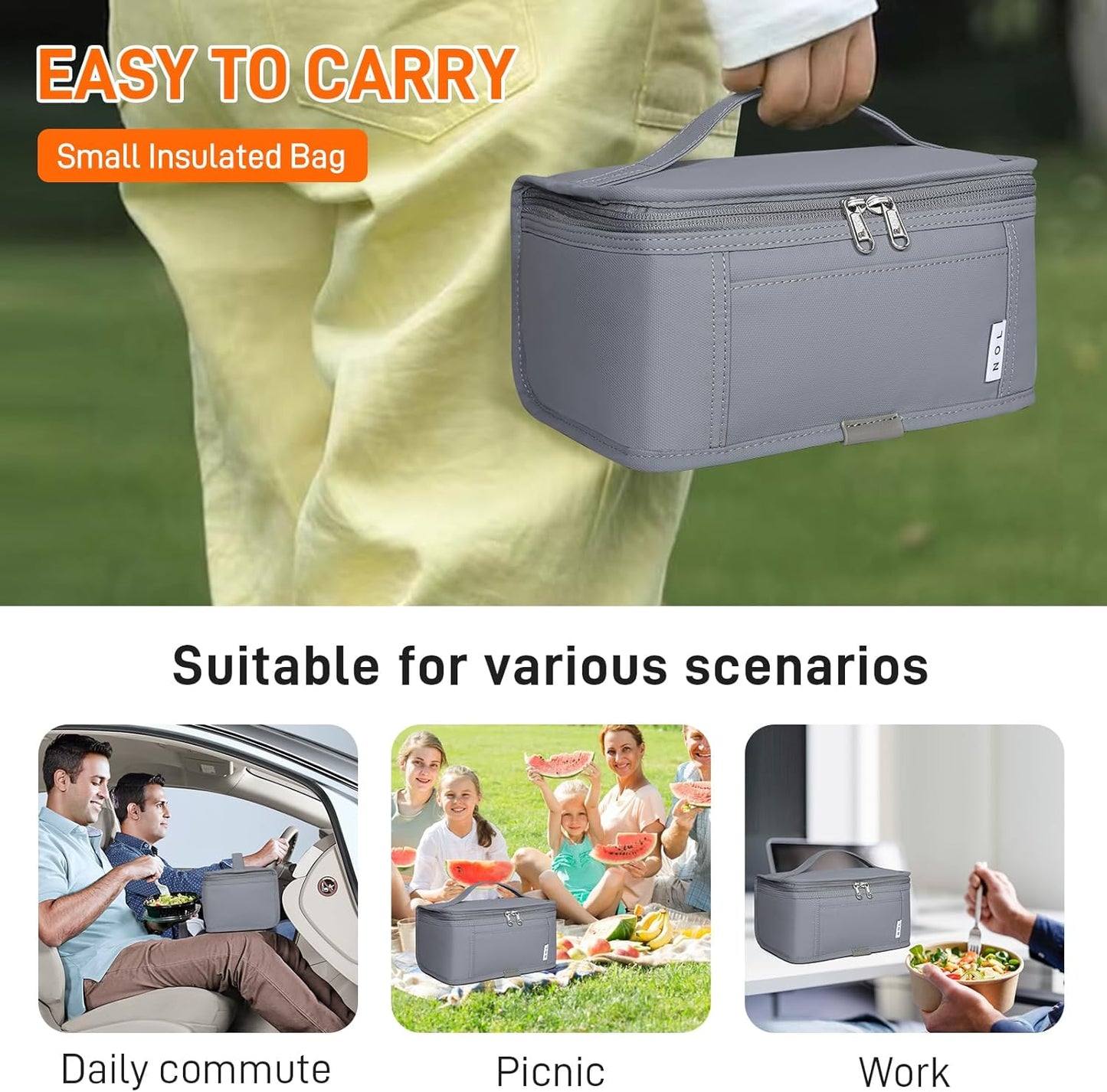 NOL Natural Organic Lifestyle Small Lunch Bag Mini Lunch Box Insulated Lunch Bag for Men/Women Leakproof Cooler Tote Bag Lightweight Nylon Waterproof Lunch Box For Work,Light gray