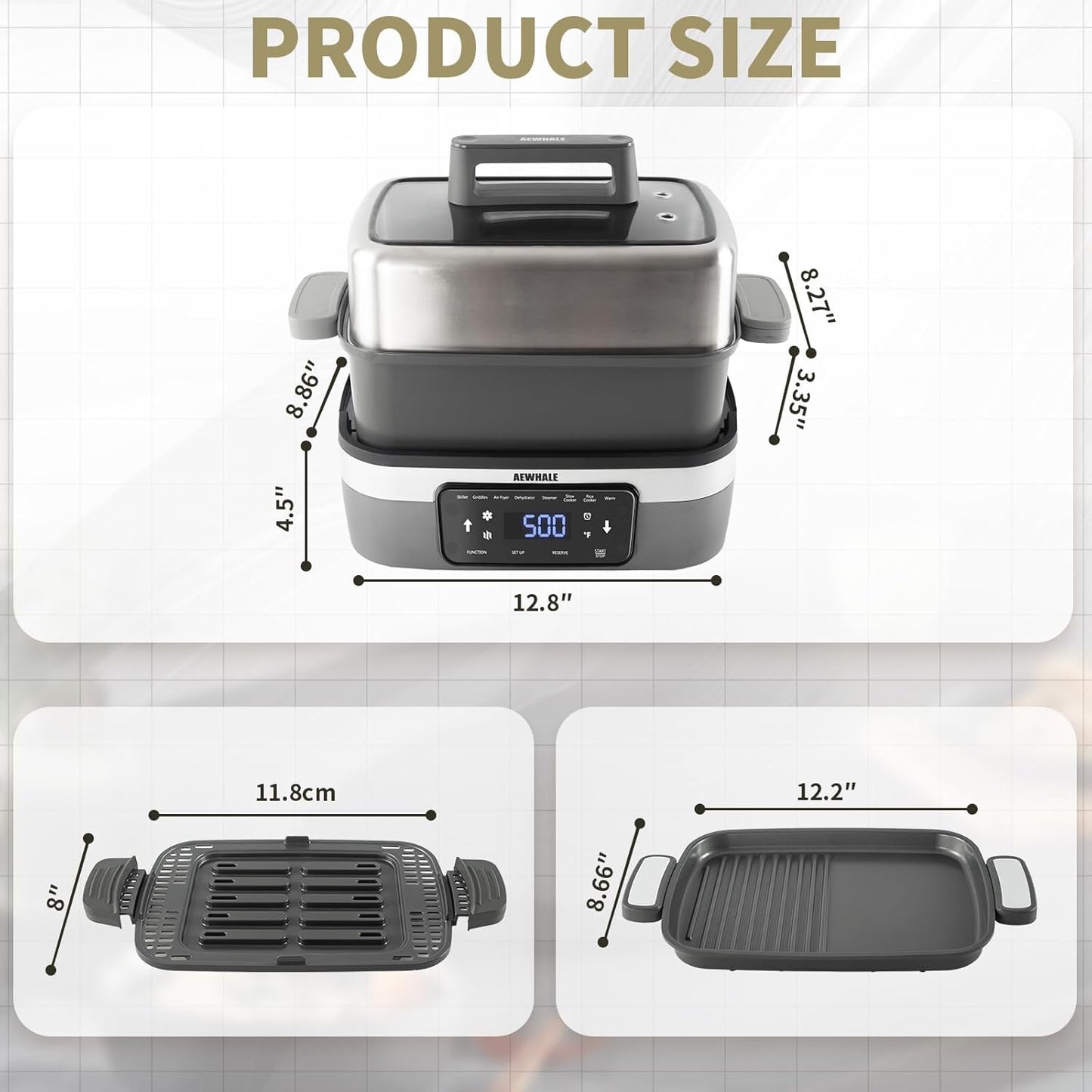 AEWHALE 8-in-1 Programmable 4.5-Quart Multi-Cooker with Air Fryer,Slow Cooker,Food Steamer,Dehydrate &More, Family-Sized Capacity,Grey