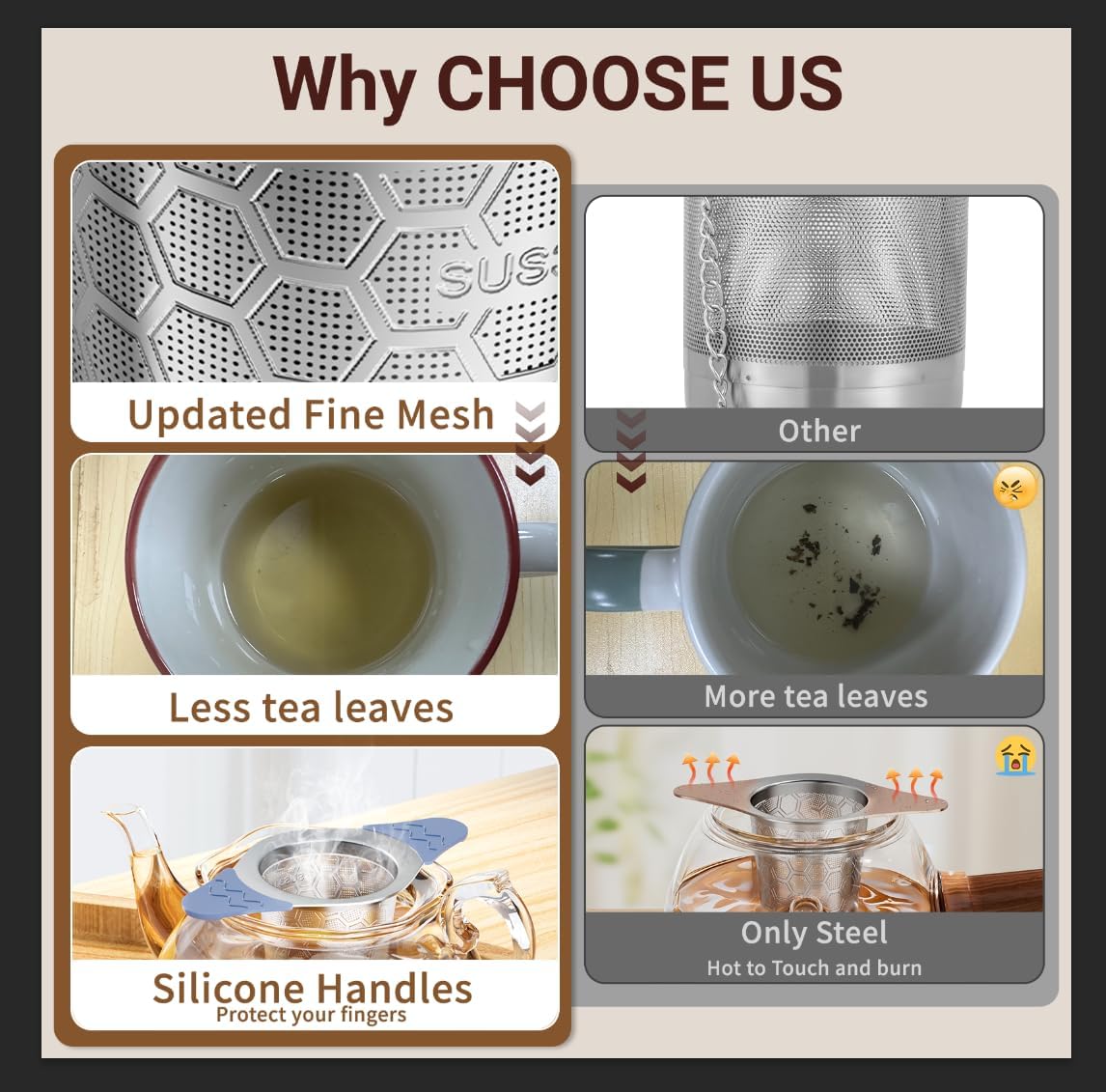 2PCS Tea Infuser for Loose Leaf Tea,Stainless Steel Tea Infuser with Heat Proof Silicone Handles,Extra Fine Mesh Tea Strainers Filter Fine Tea Leaves Effectively,Fits TeaPots/Mugs