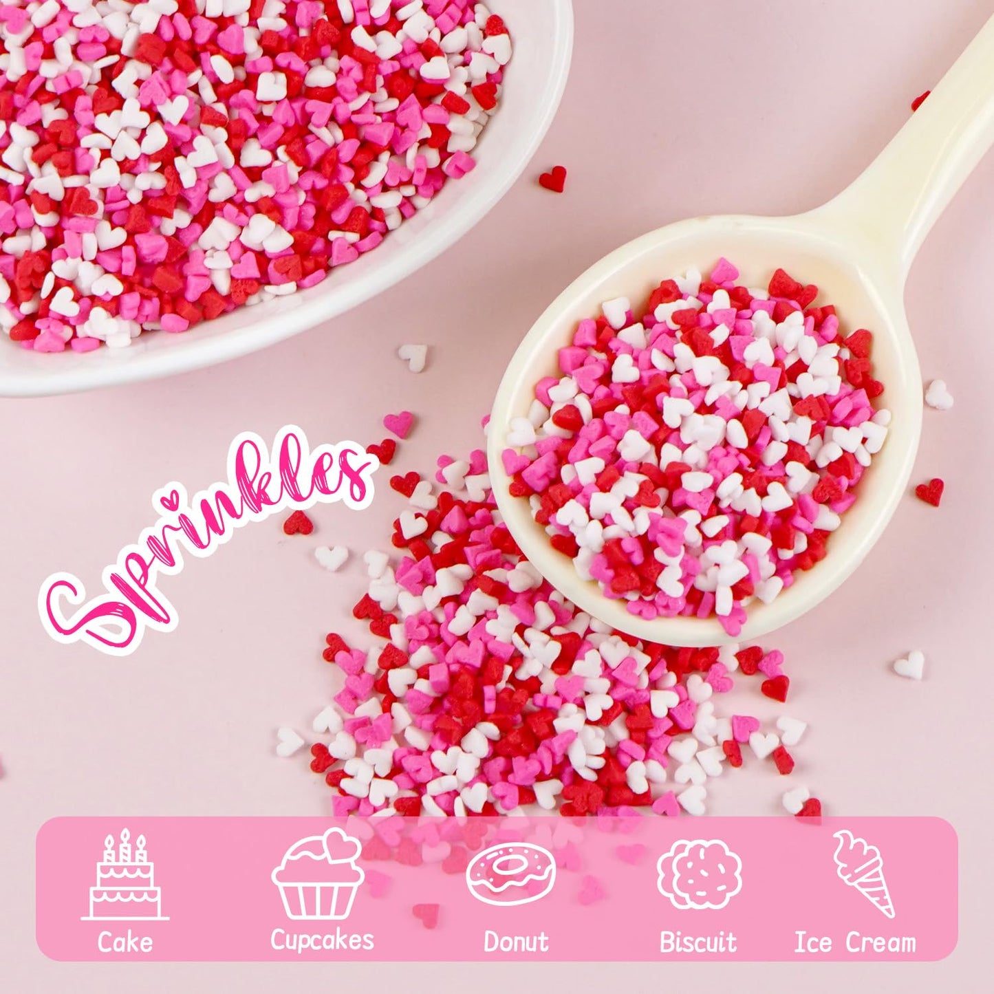 Sweet Mini Heart Sprinkles Sugar, Valentines Love Sprinkles for Cupcake Decorating, 150g/5.29oz Mix Edible White Pink and Red Candy, Cookie, Ice Cream, Mother's Day, Wedding Party Supplies